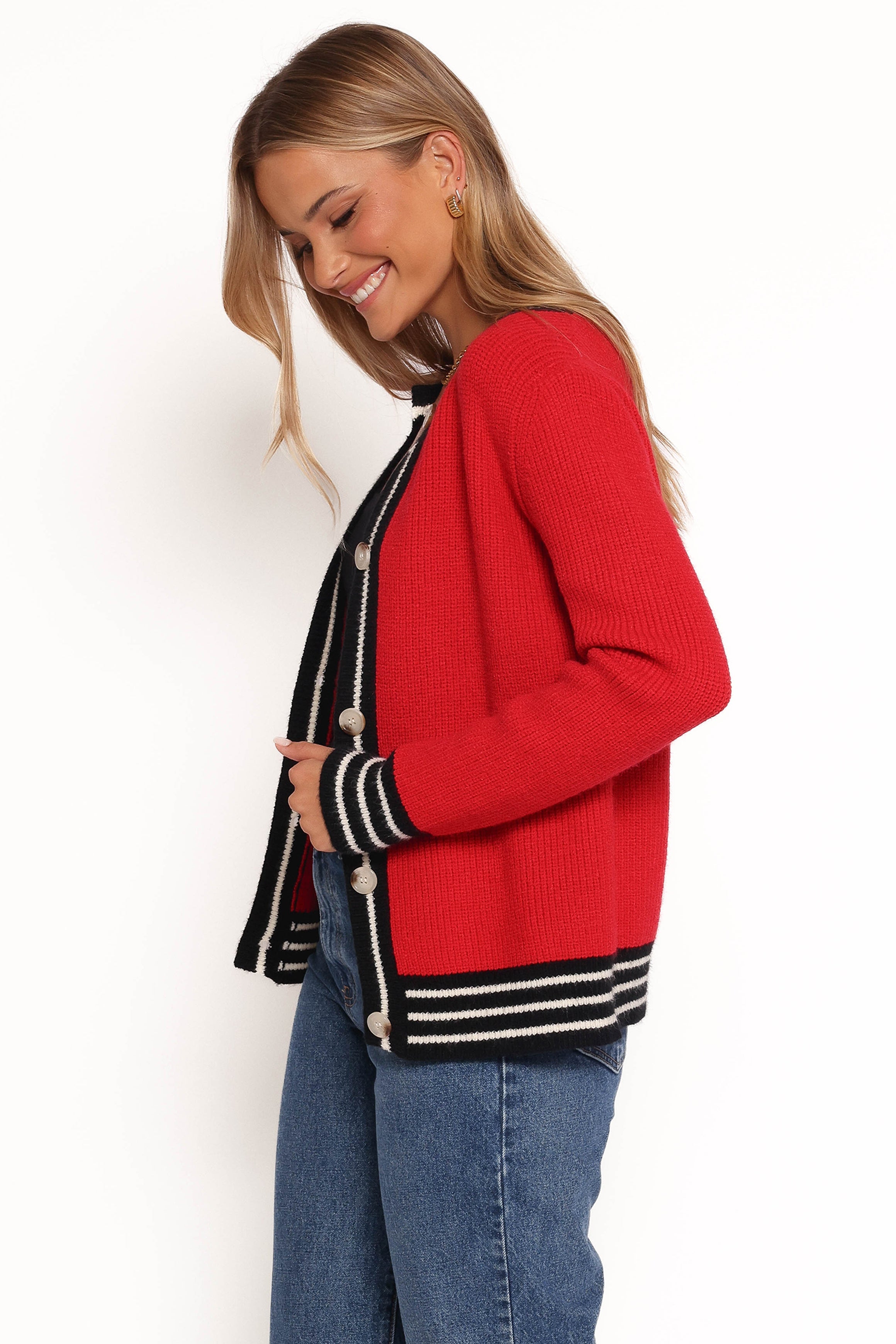 Petal and Pup USA KNITWEAR Yorkshire Contrast Hem Cardigan - Red
