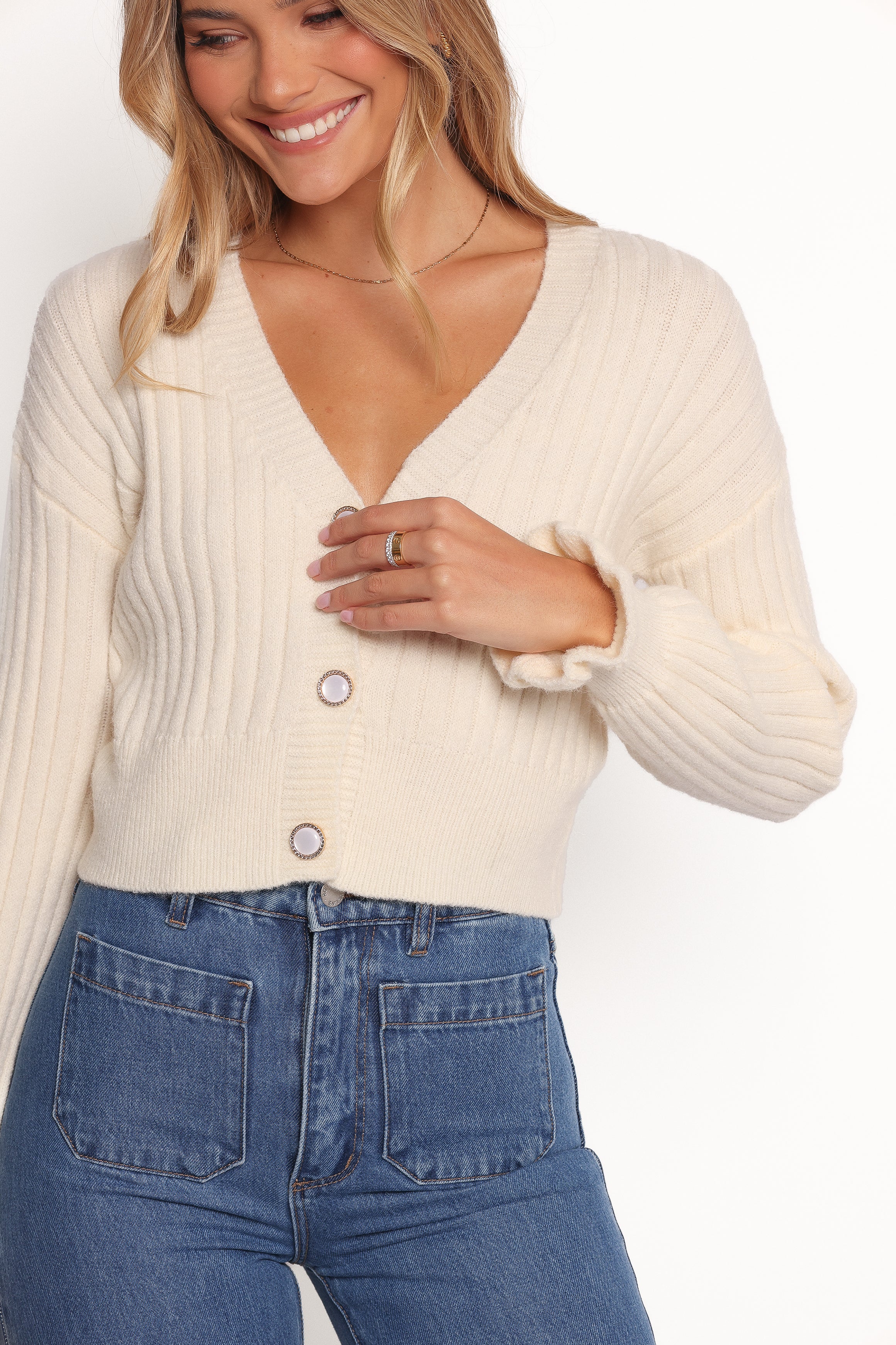 Petal and Pup USA KNITWEAR Zana Ribbed Ruffle Cuff Knit Sweater - Cream