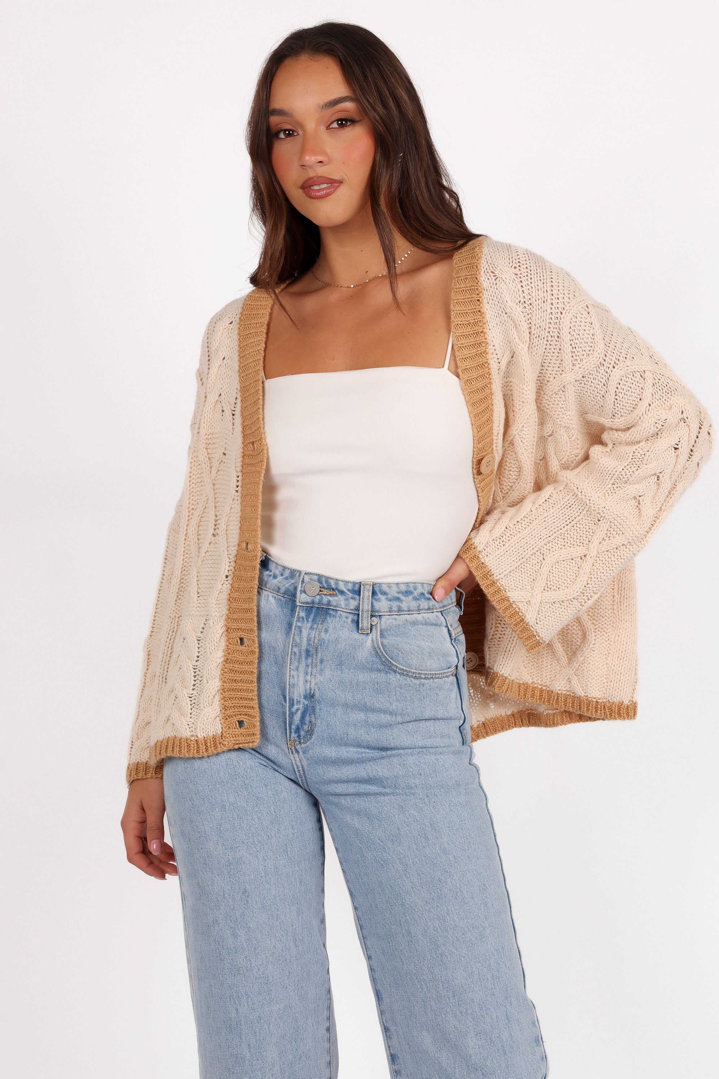 Petal and Pup USA KNITWEAR Zina Contrast Cardigan - Tan