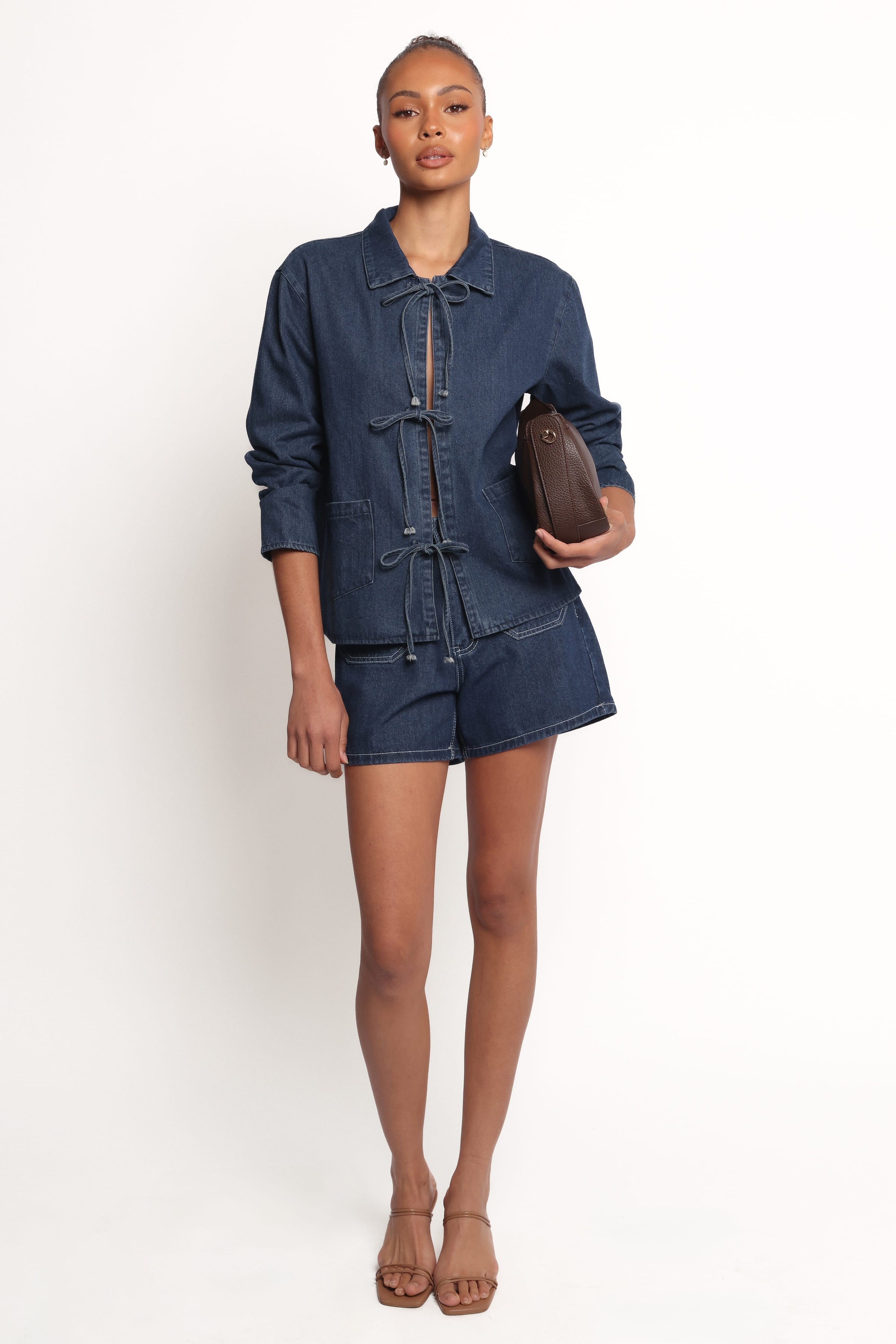Petal and Pup USA OUTERWEAR Avon Bow Front Denim Shacket - Denim