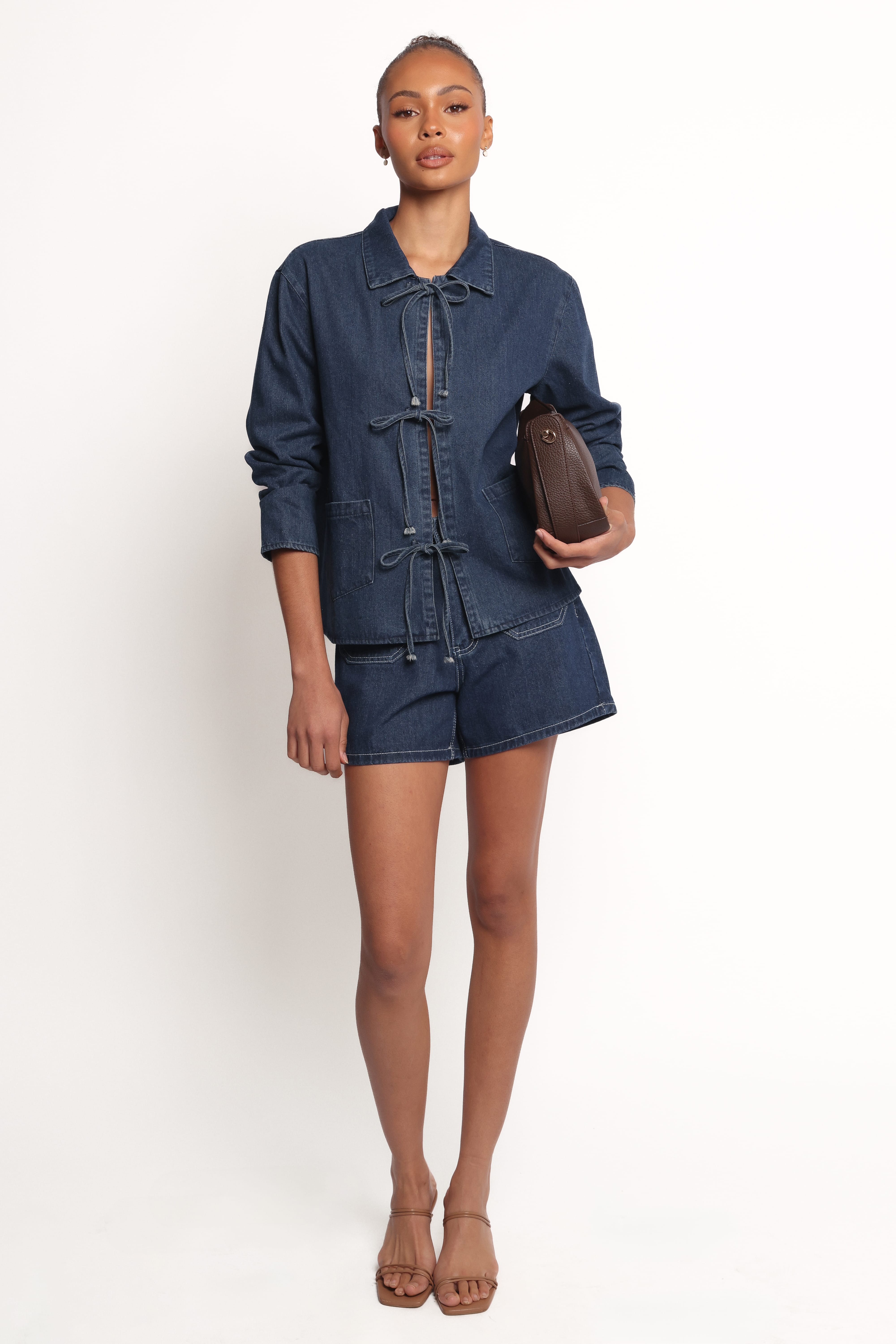 Petal and Pup USA OUTERWEAR Avon Bow Front Denim Shacket - Denim
