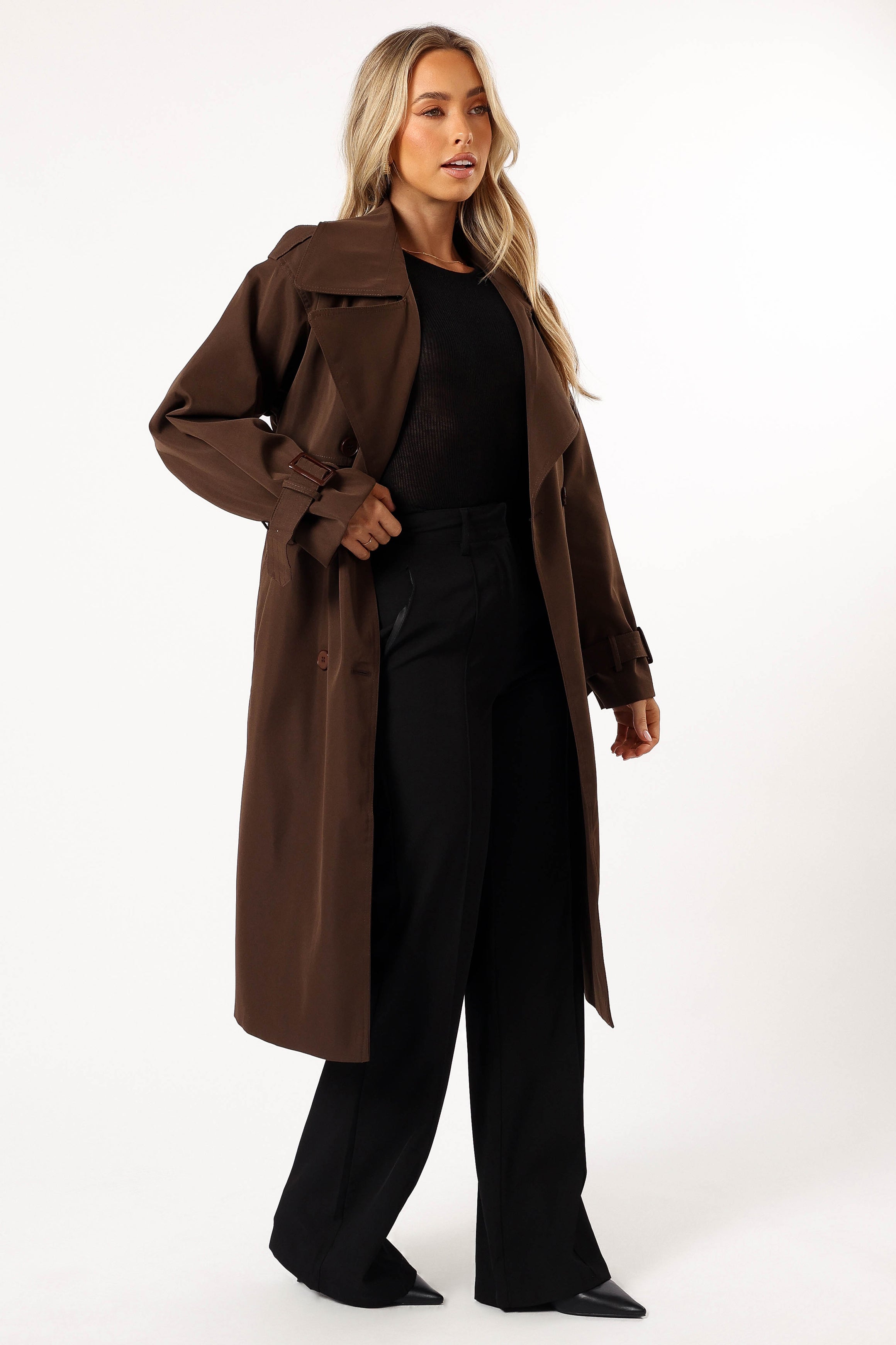 Petal and Pup USA OUTERWEAR Billy Button Front Trench Coat - Chocolate Brown