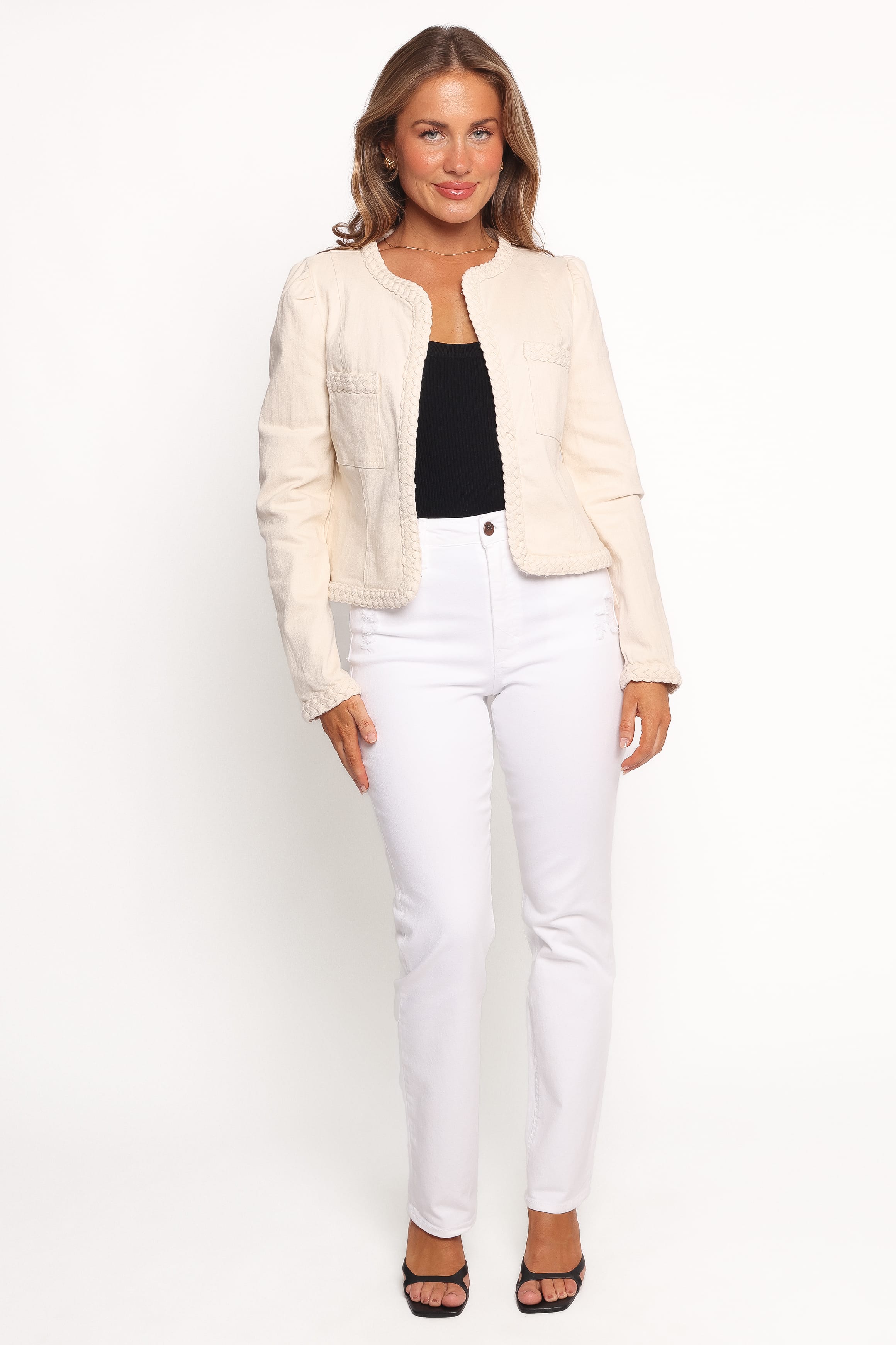 Petal and Pup USA OUTERWEAR Braided Trim Crop Jacket - Ecru