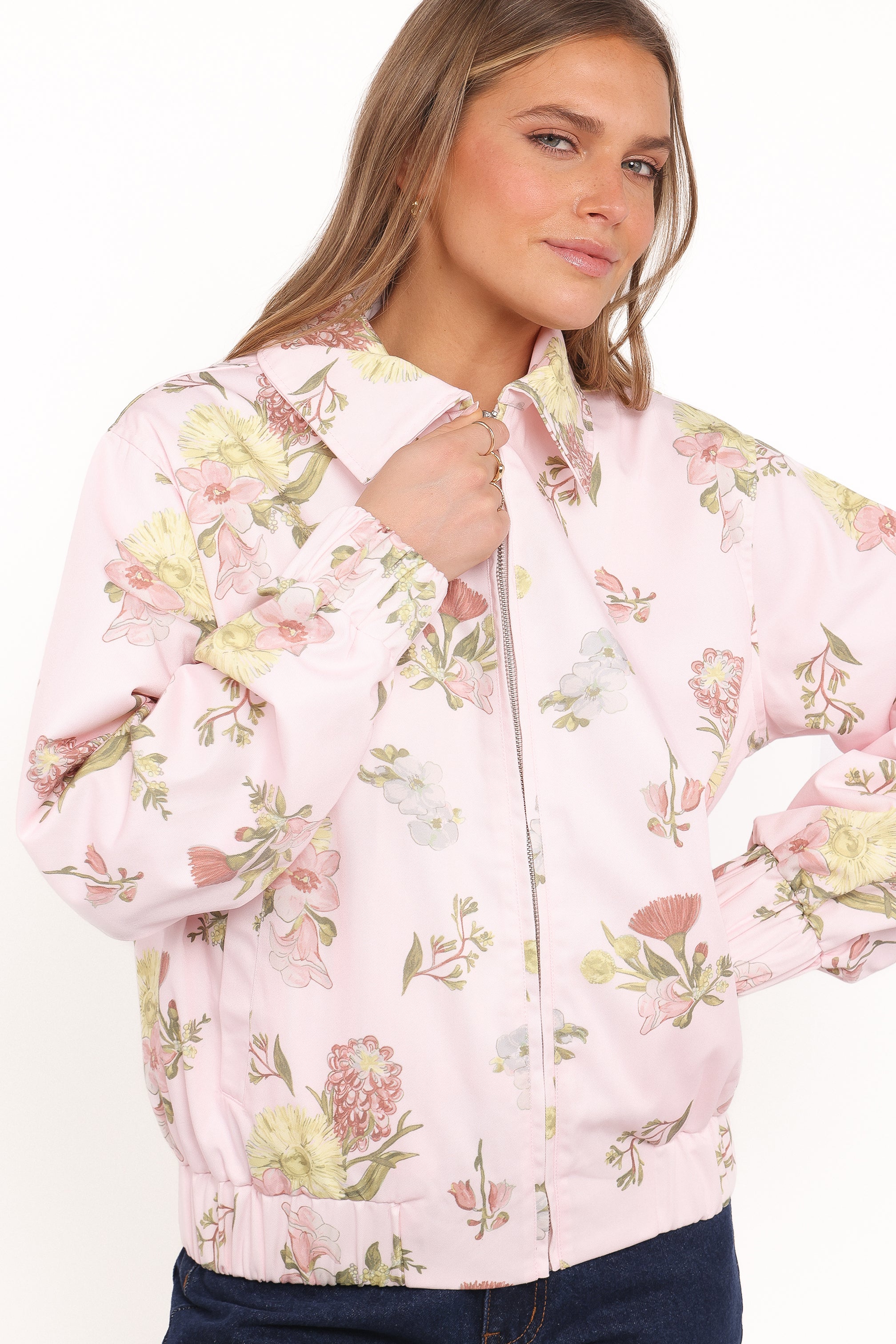 Petal and Pup USA OUTERWEAR Calvin Floral Twill Zip Jacket - Pale Pink Floral