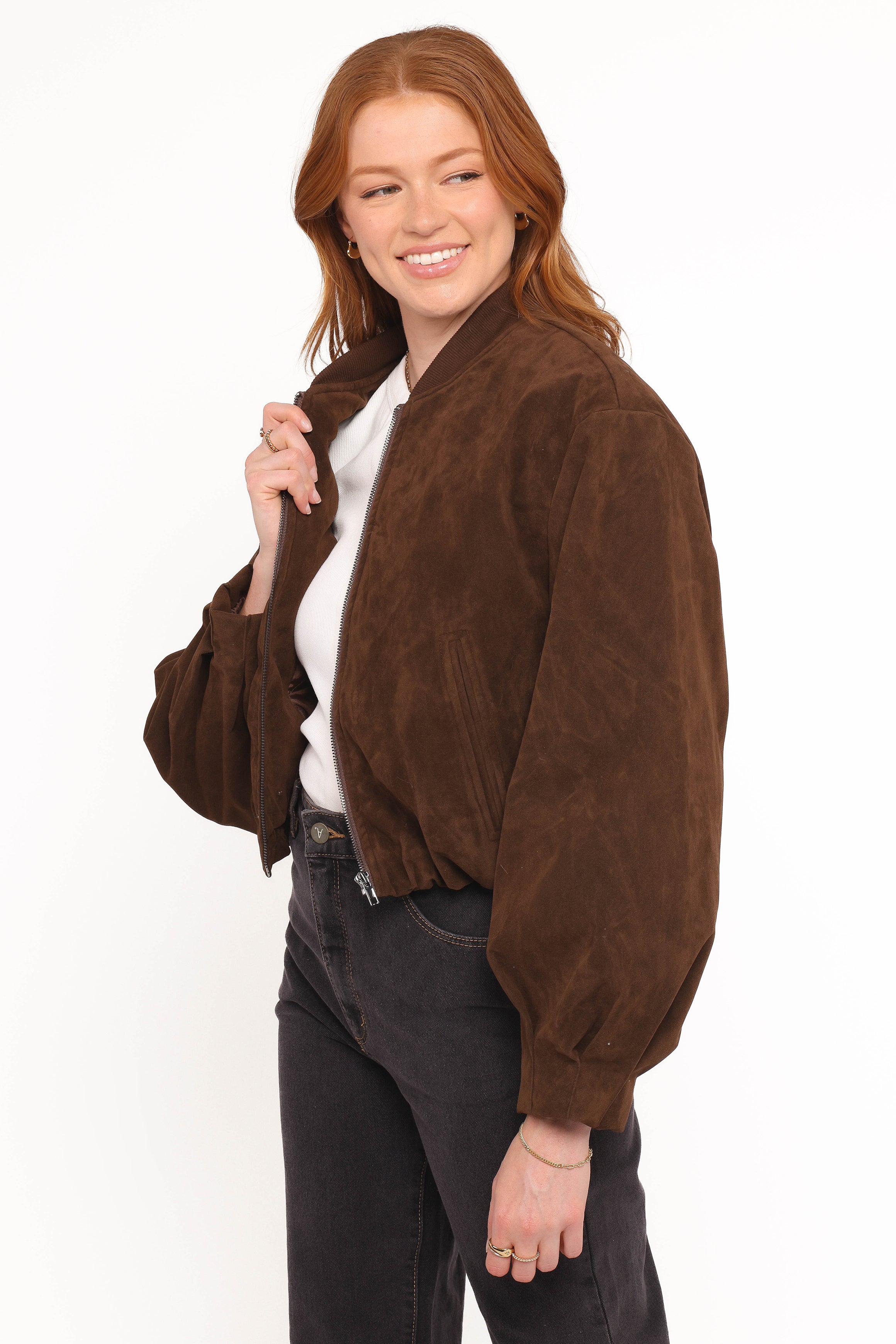 Petal and Pup USA OUTERWEAR Goldie Faux Suede Bomber Jacket - Brown