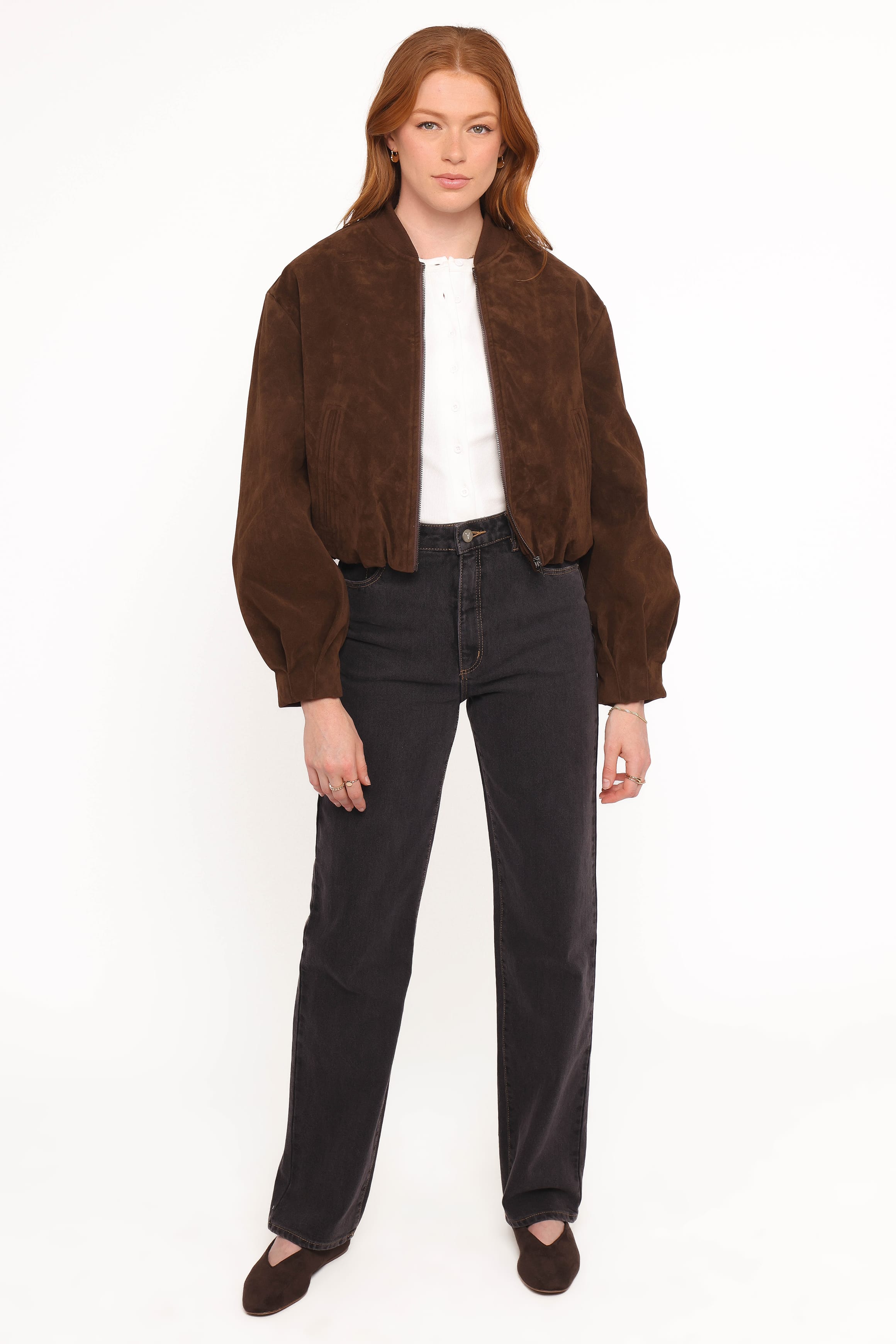 Petal and Pup USA OUTERWEAR Goldie Faux Suede Bomber Jacket - Brown