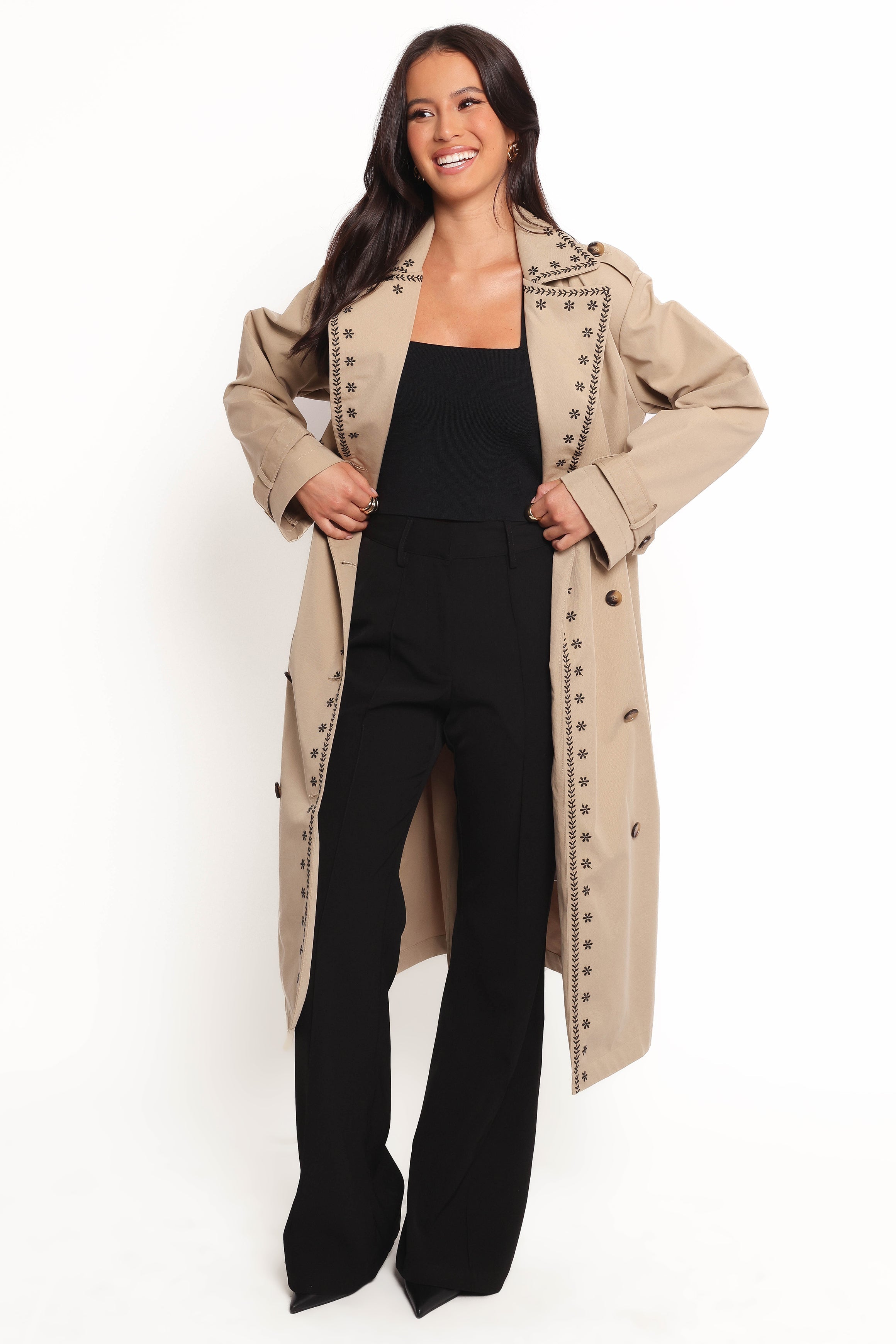 Petal and Pup USA OUTERWEAR Grayson Embroidered Trim Trench Coat - Taupe (Hold for Rack)