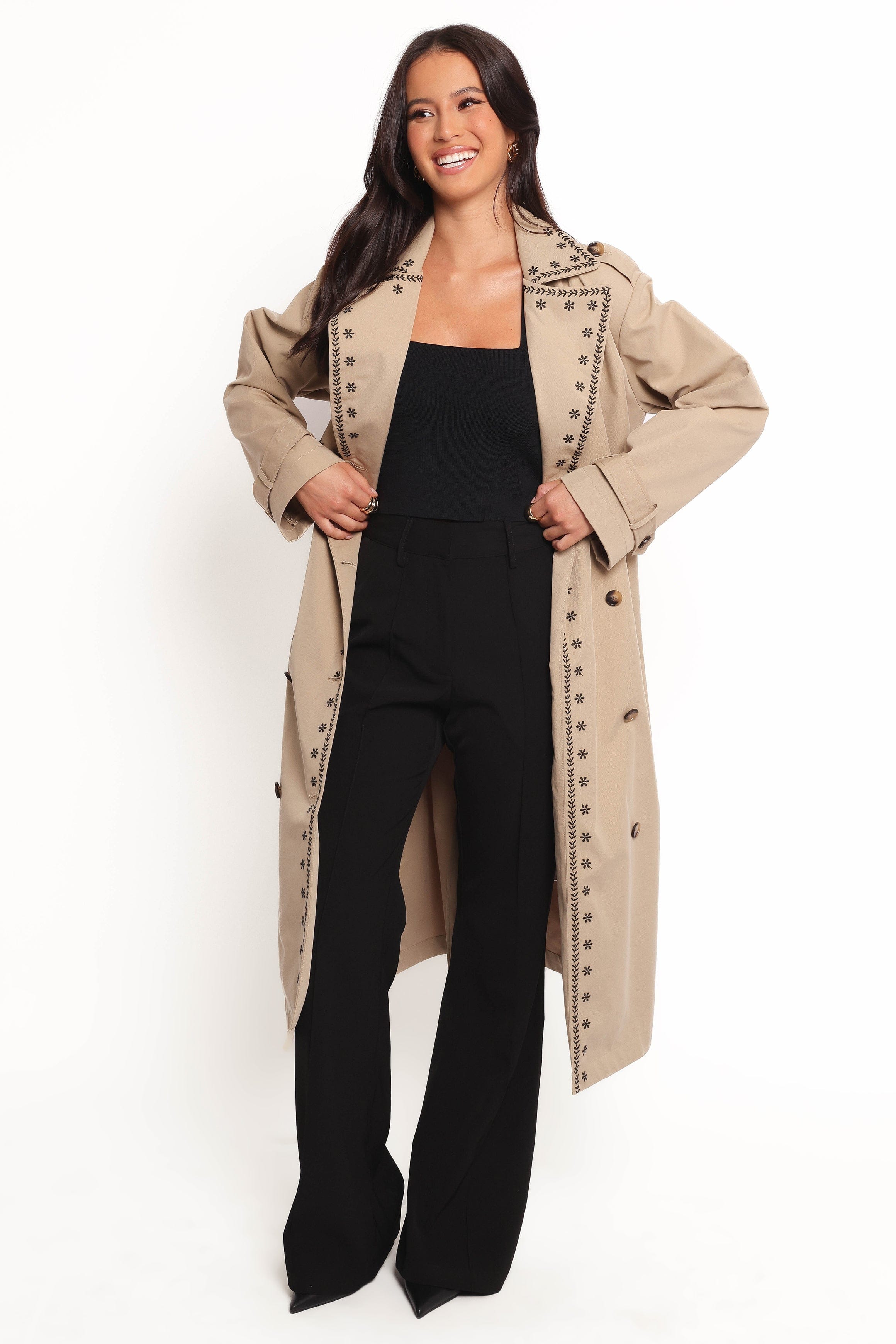 Petal and Pup USA OUTERWEAR Grayson Embroidered Trim Trench Coat - Taupe (Hold for Rack)