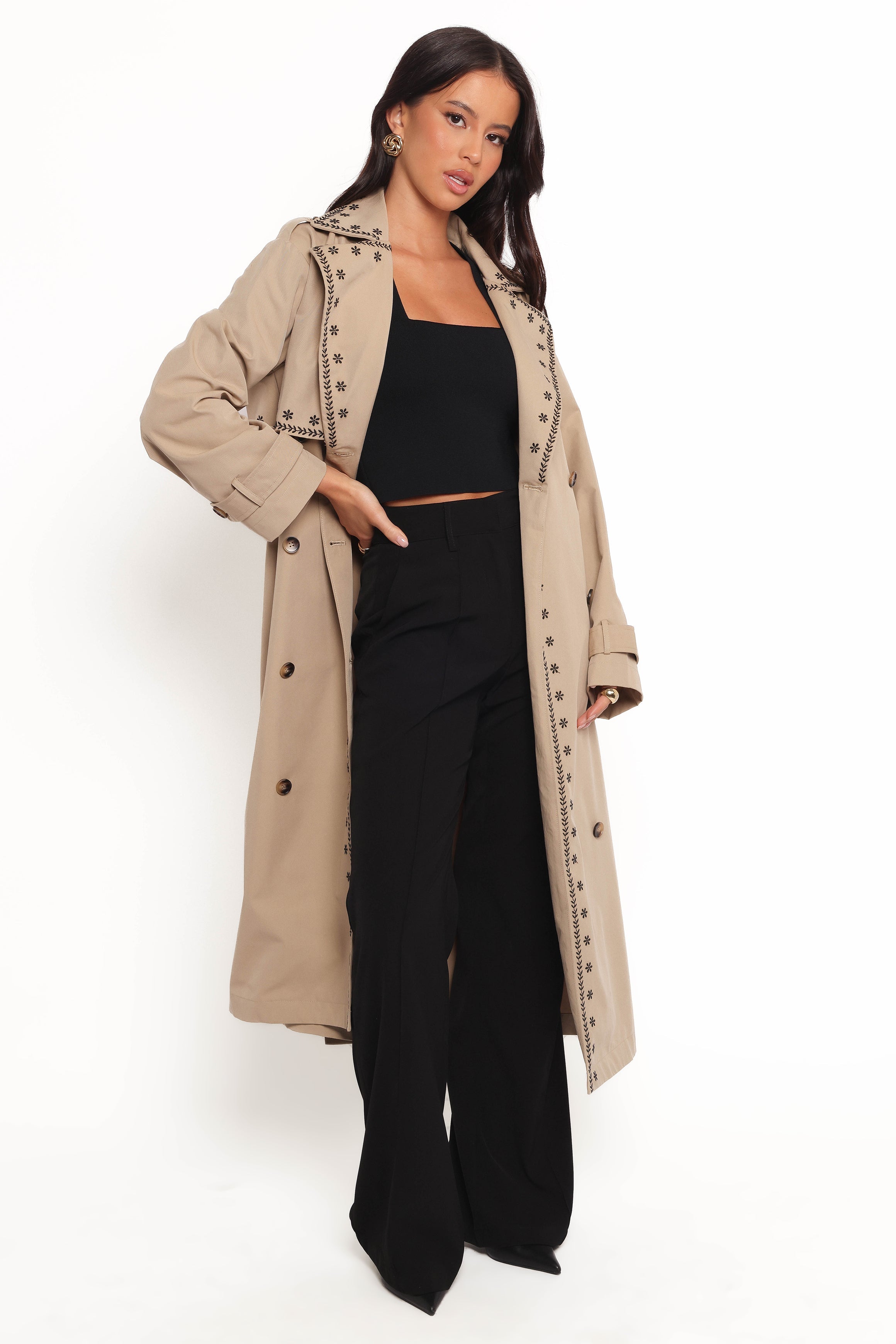 Petal and Pup USA OUTERWEAR Grayson Embroidered Trim Trench Coat - Taupe (Hold for Rack)