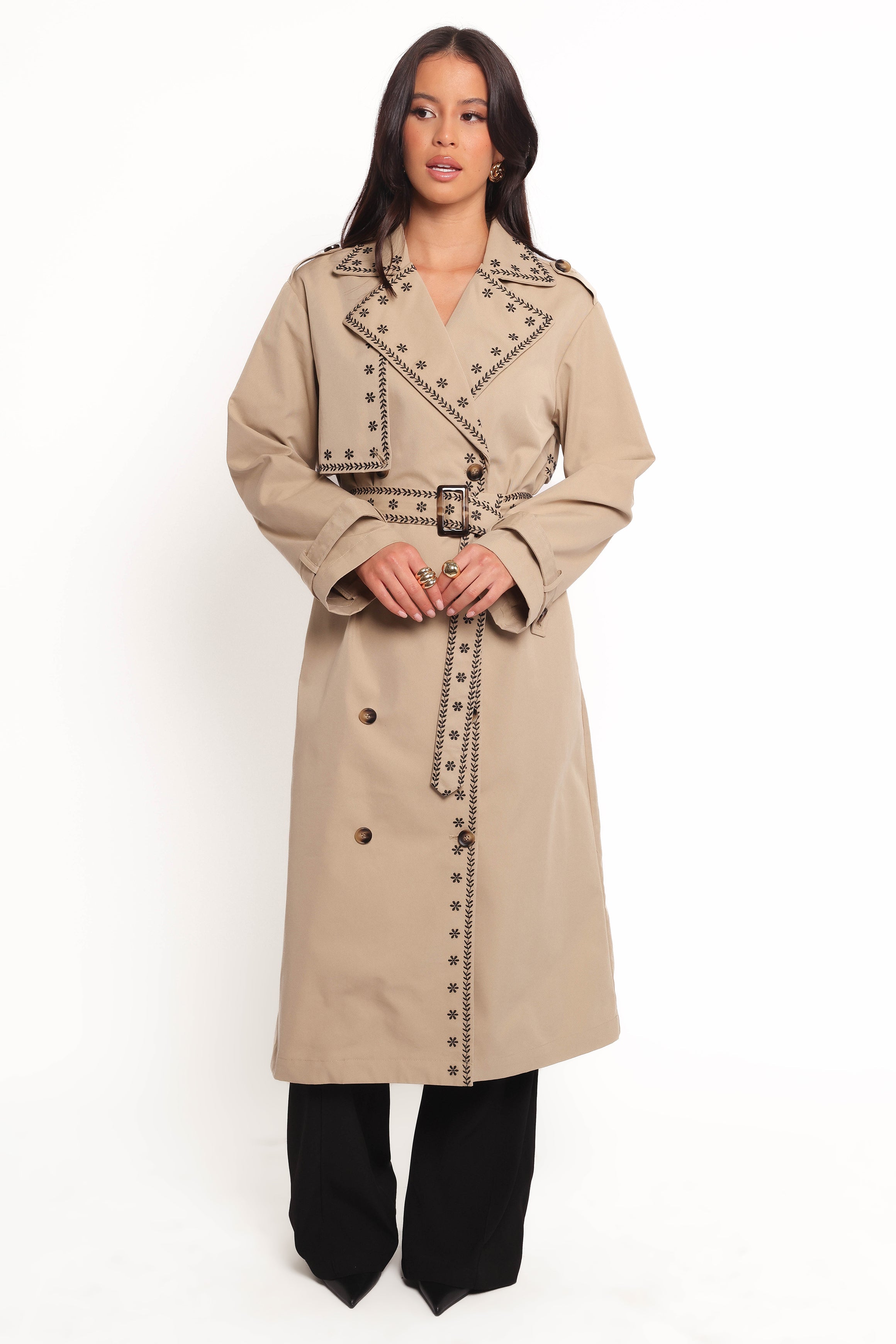 Petal and Pup USA OUTERWEAR Grayson Embroidered Trim Trench Coat - Taupe (Hold for Rack)