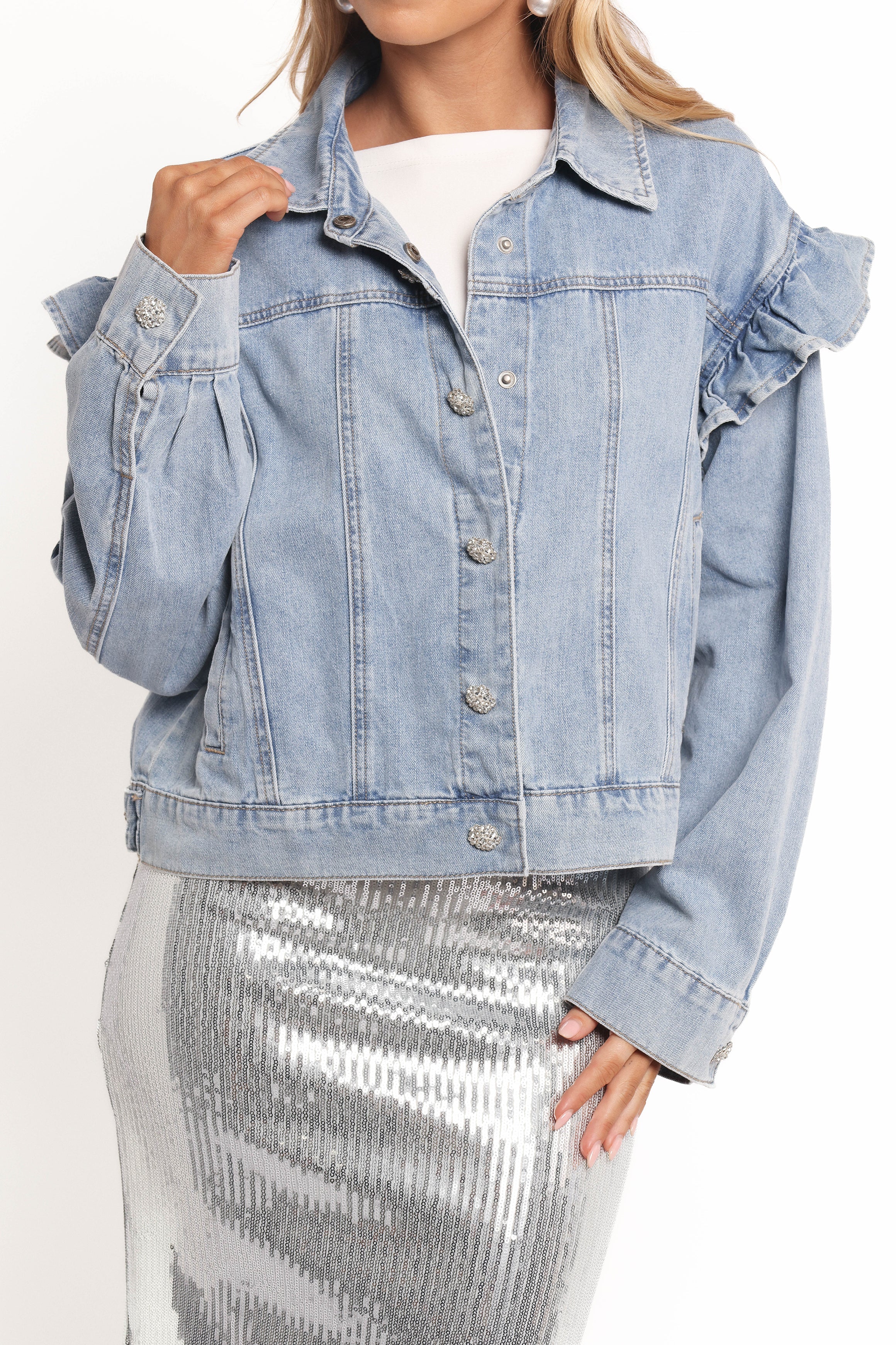 Petal and Pup USA OUTERWEAR Hadley Ruffle Sleeve Denim Jacket - Mid Denim