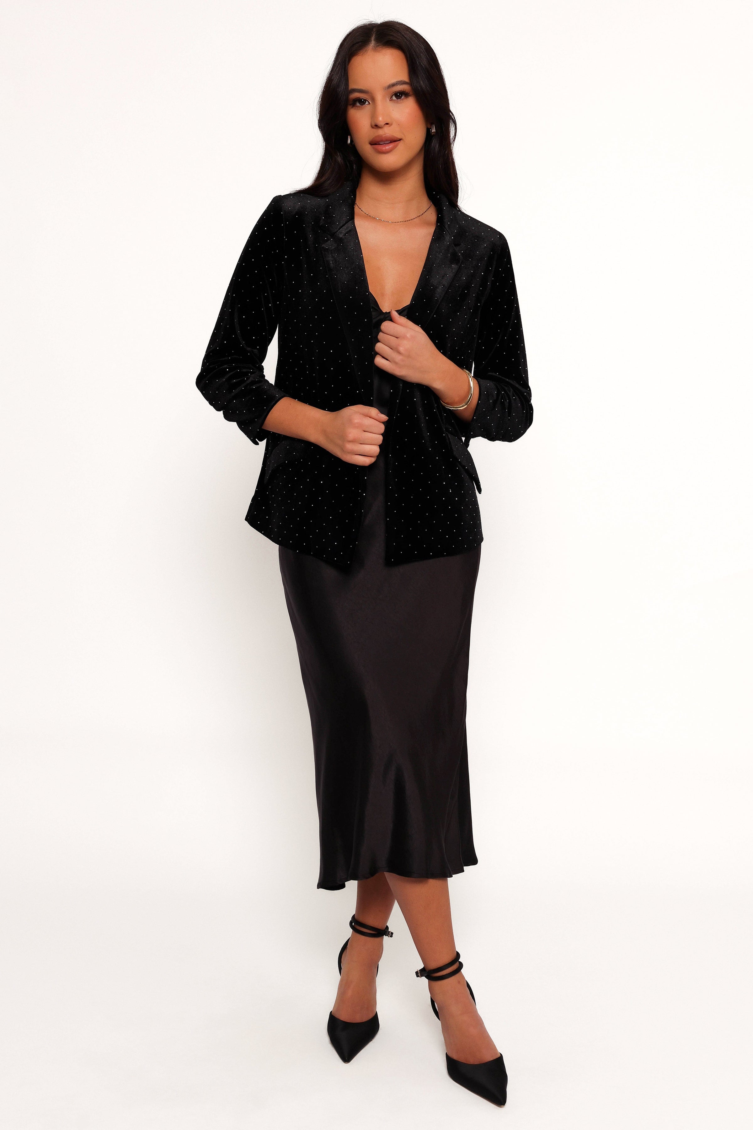 Petal and Pup USA OUTERWEAR Inka All over Rhinestone Velvet Blazer - Black