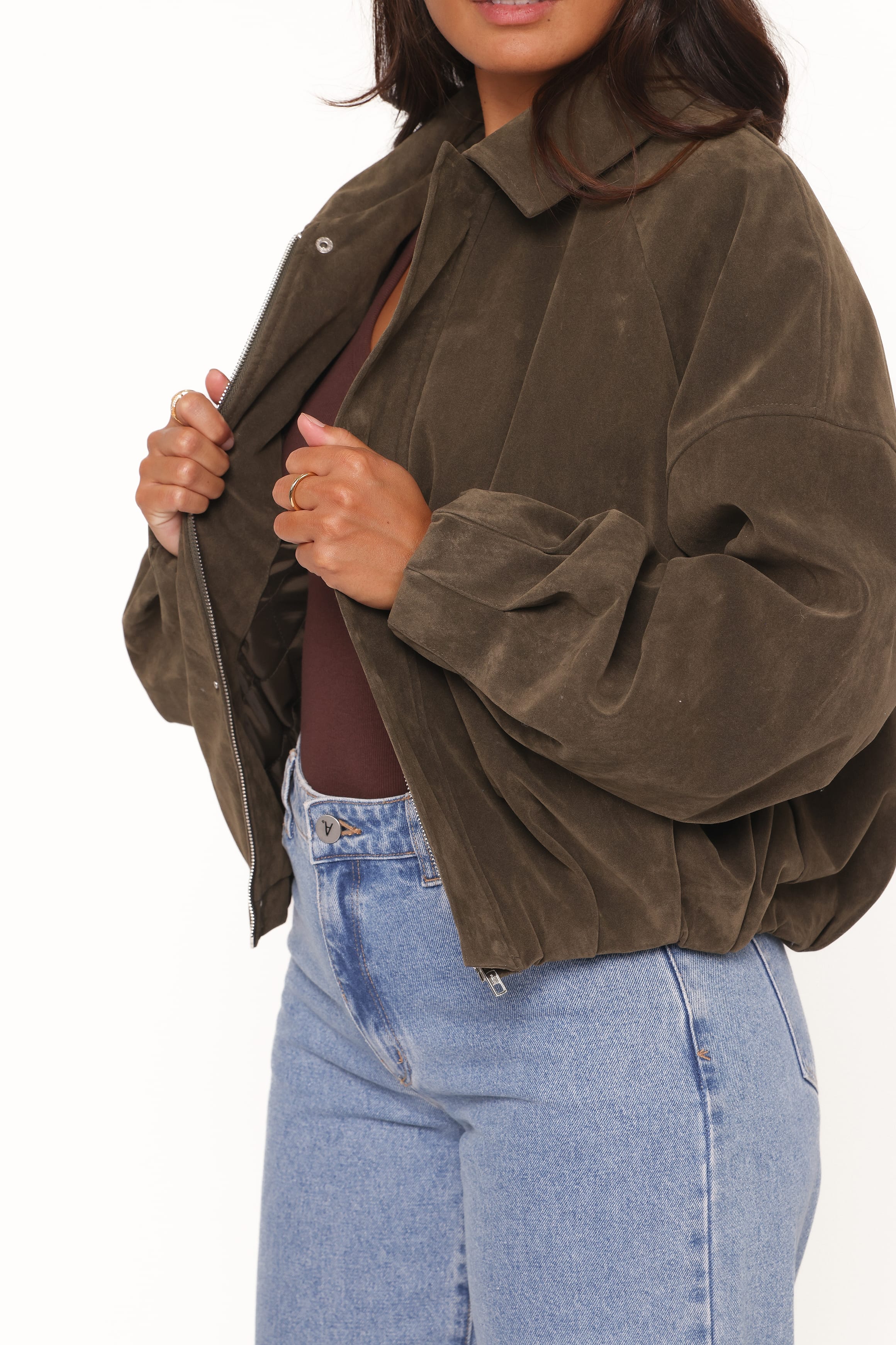 Petal and Pup USA OUTERWEAR Jensen Faux Suede Bomber Jacket - Olive