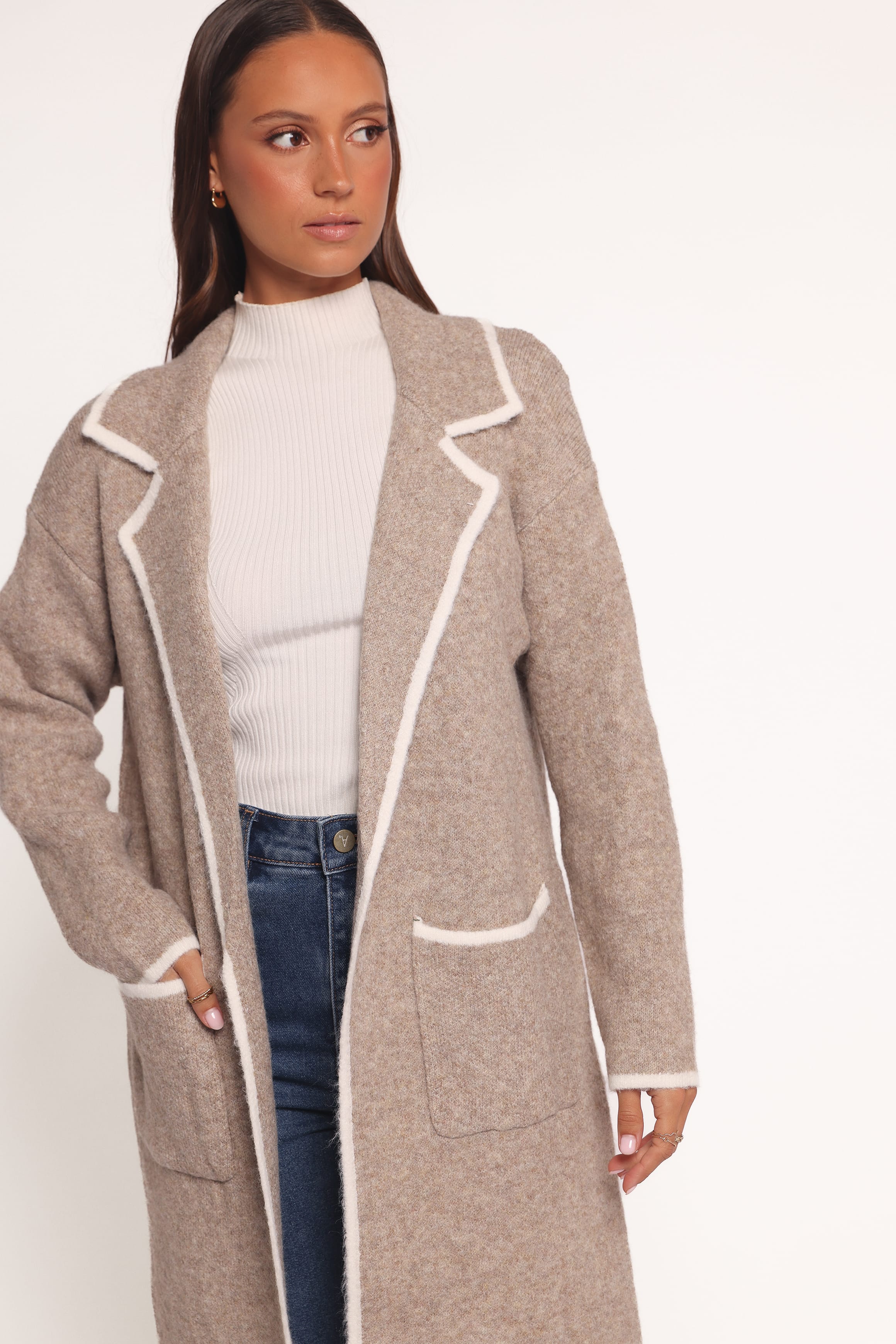 Petal and Pup USA OUTERWEAR Katia Contrast Trim Coatigan - Beige