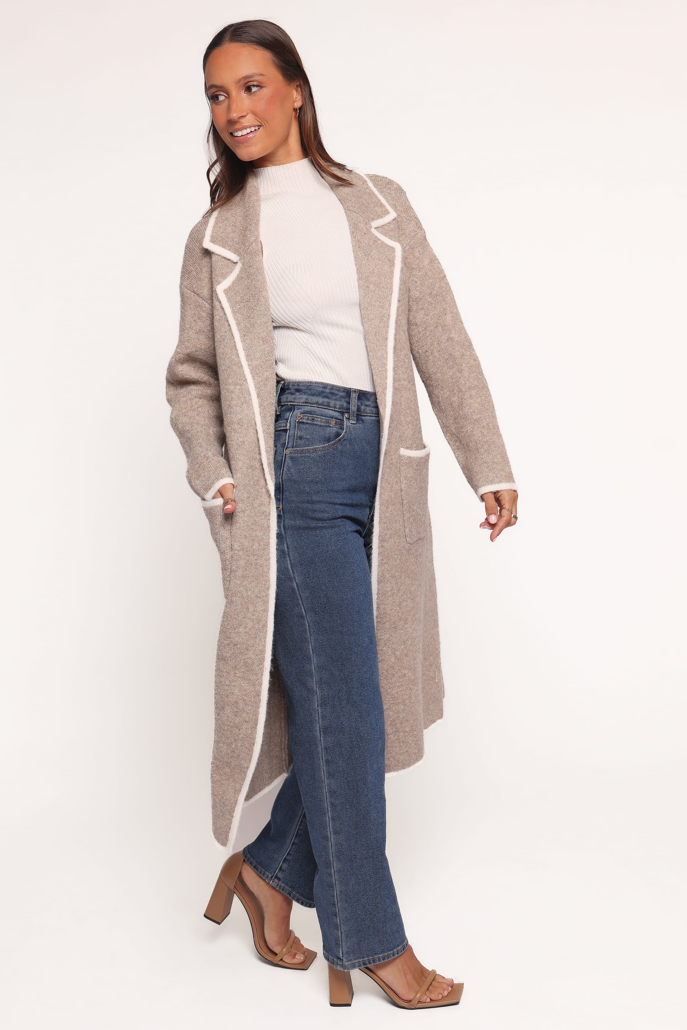Petal and Pup USA OUTERWEAR Katia Contrast Trim Coatigan - Beige