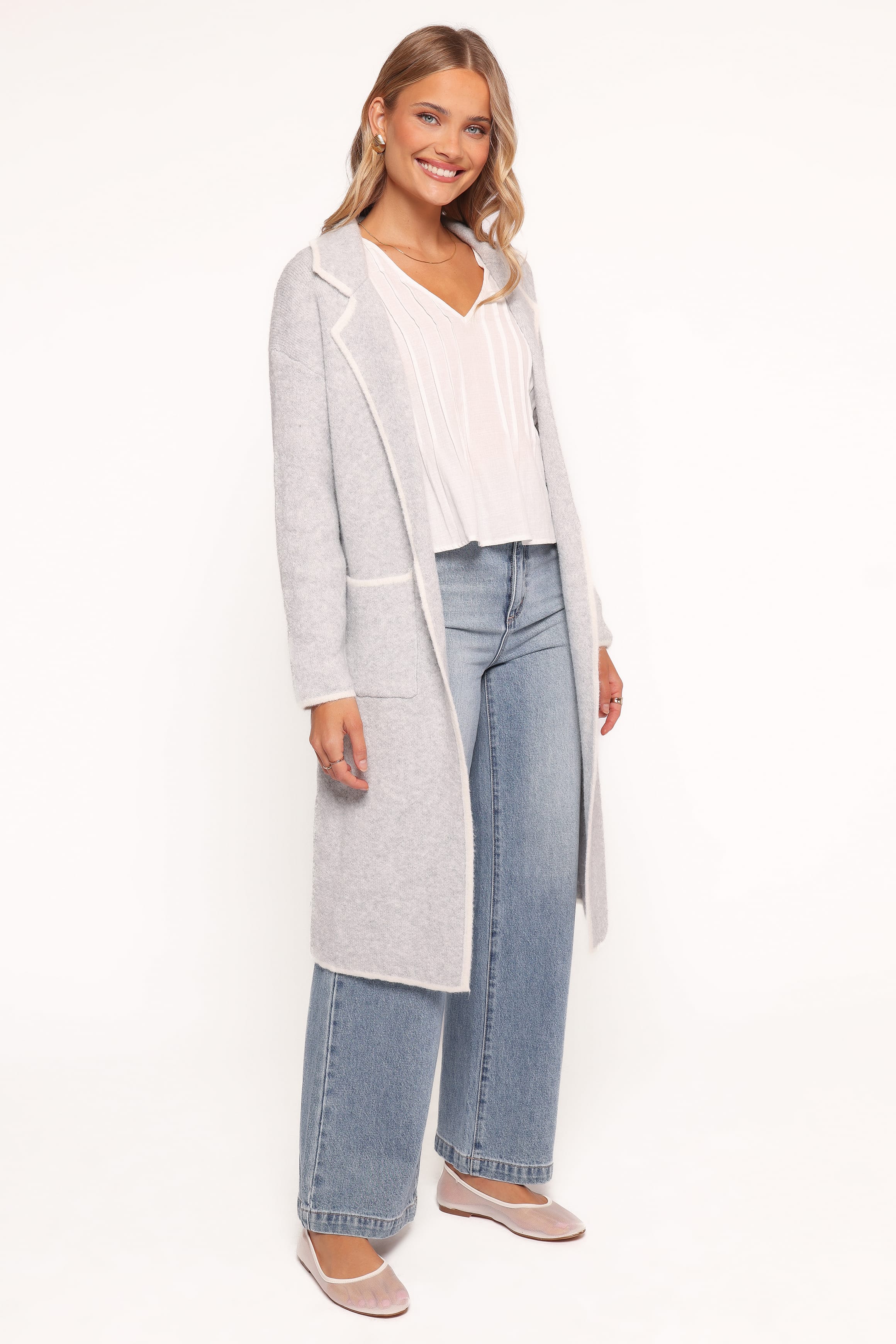 Petal and Pup USA OUTERWEAR Katia Contrast Trim Coatigan - Light Grey