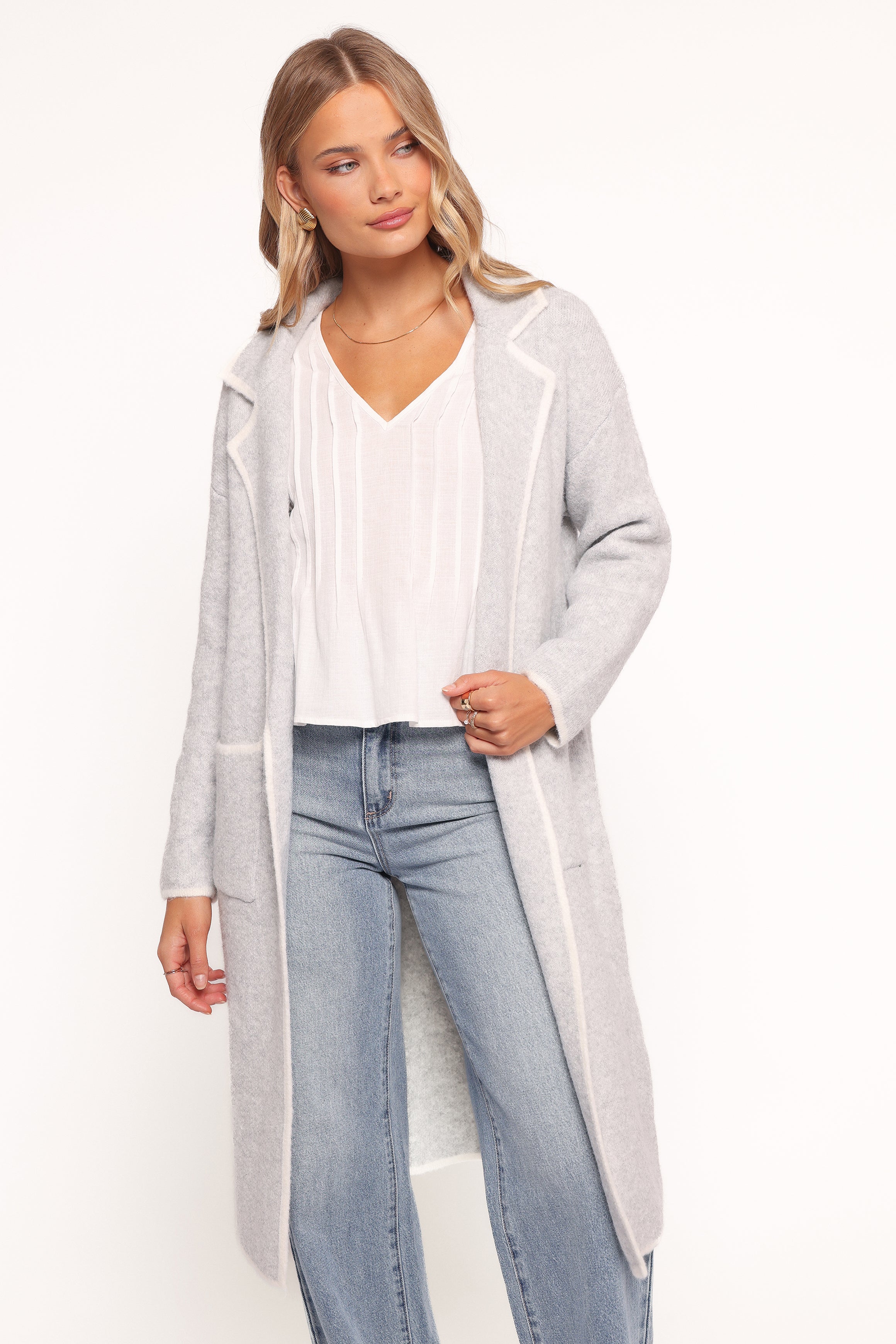 Petal and Pup USA OUTERWEAR Katia Contrast Trim Coatigan - Light Grey