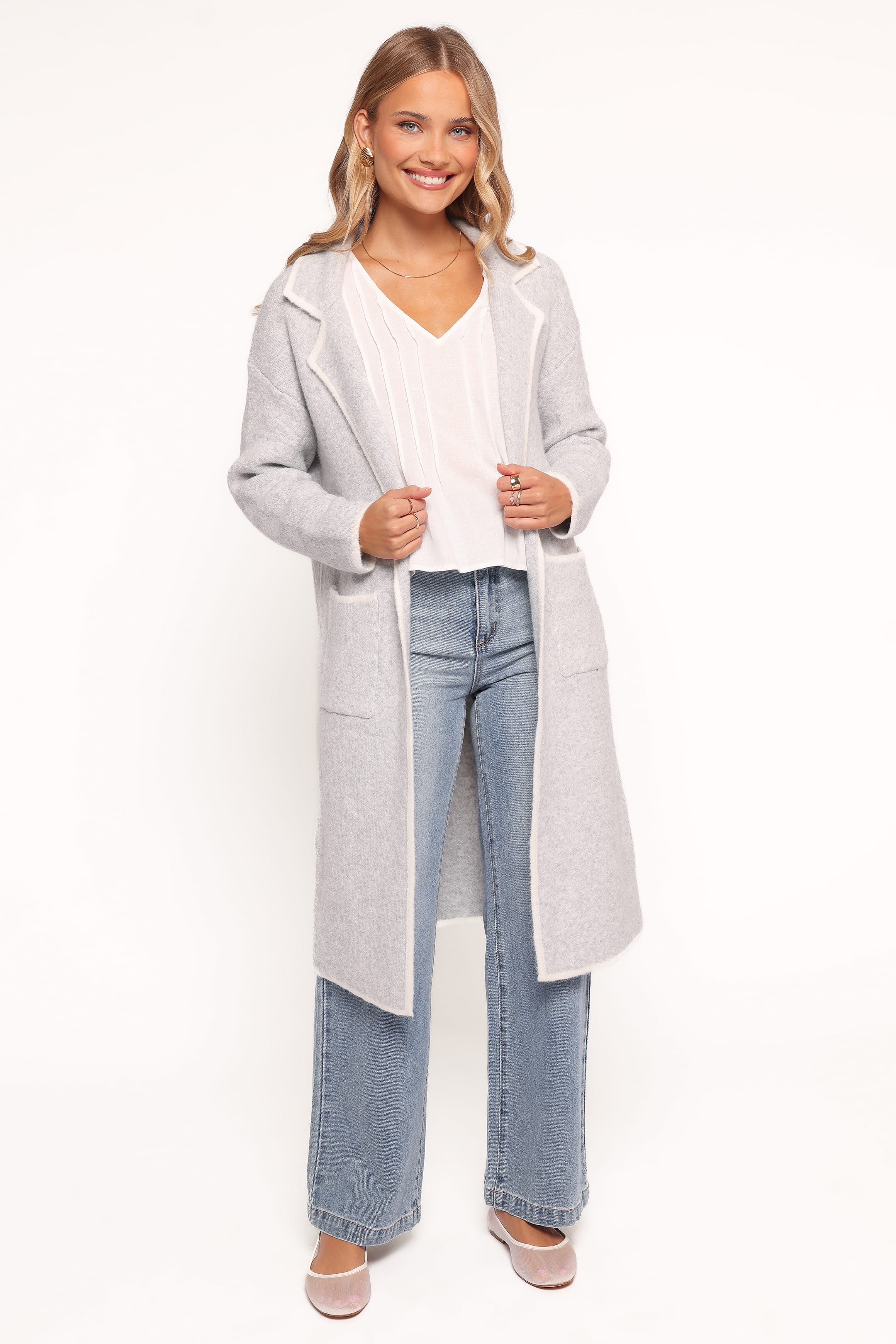 Petal and Pup USA OUTERWEAR Katia Contrast Trim Coatigan - Light Grey
