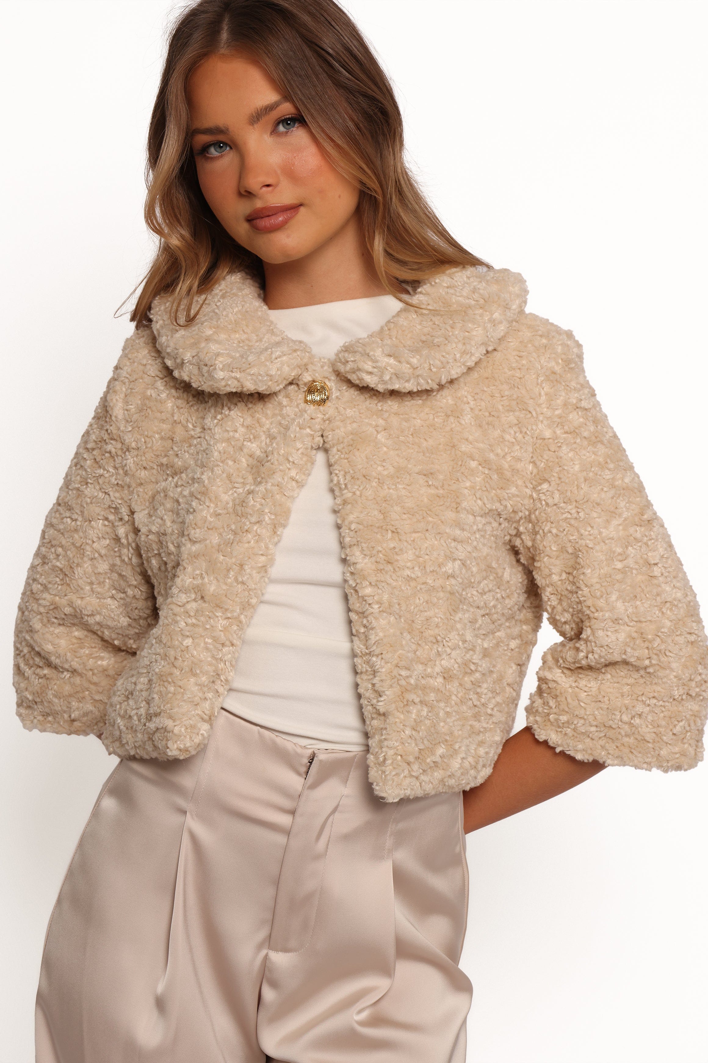 Petal and Pup USA OUTERWEAR Lucie Faux Fur Crop Jacket - Cream