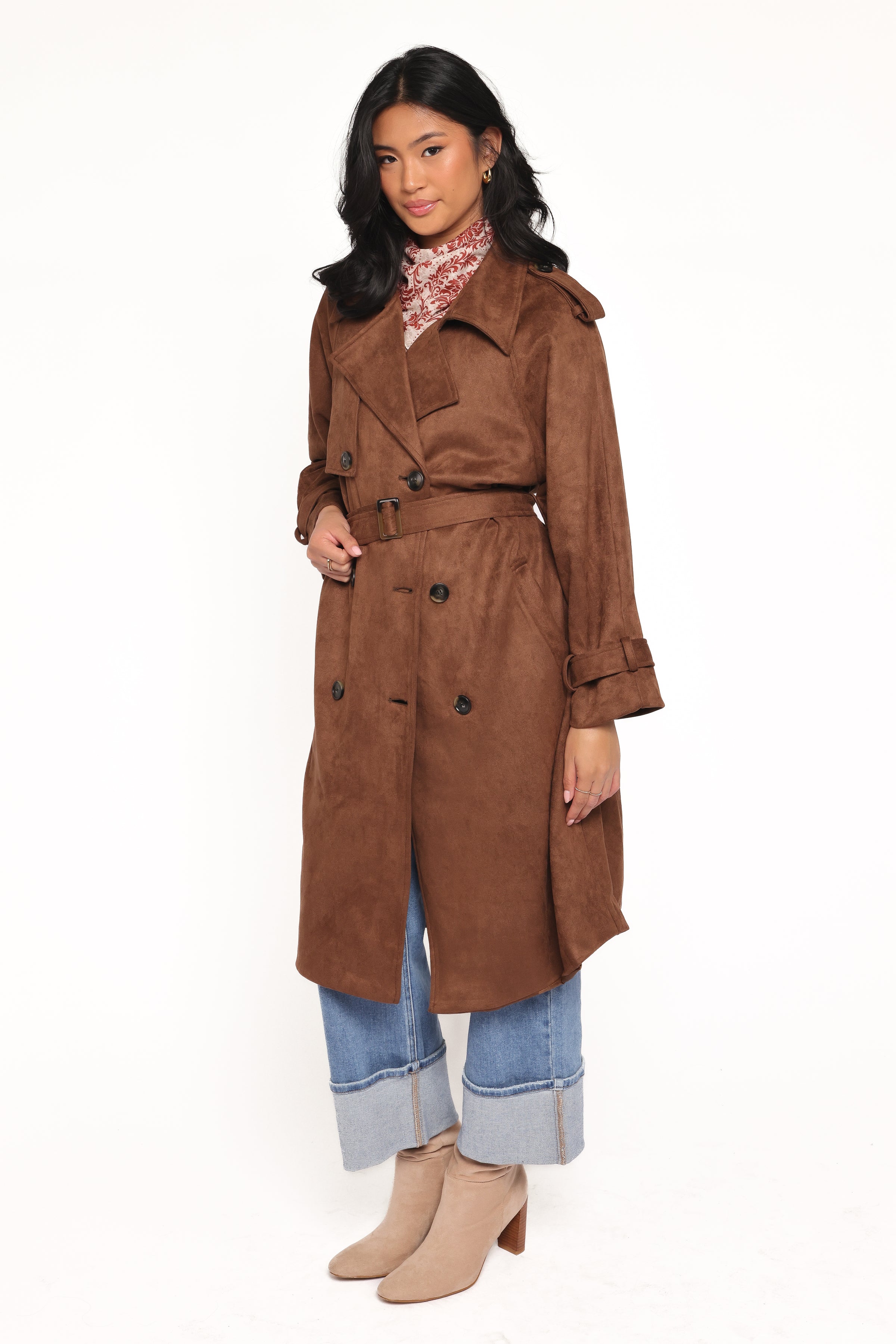 Petal and Pup USA OUTERWEAR Micha Faux Suede Trench Coat - Brown