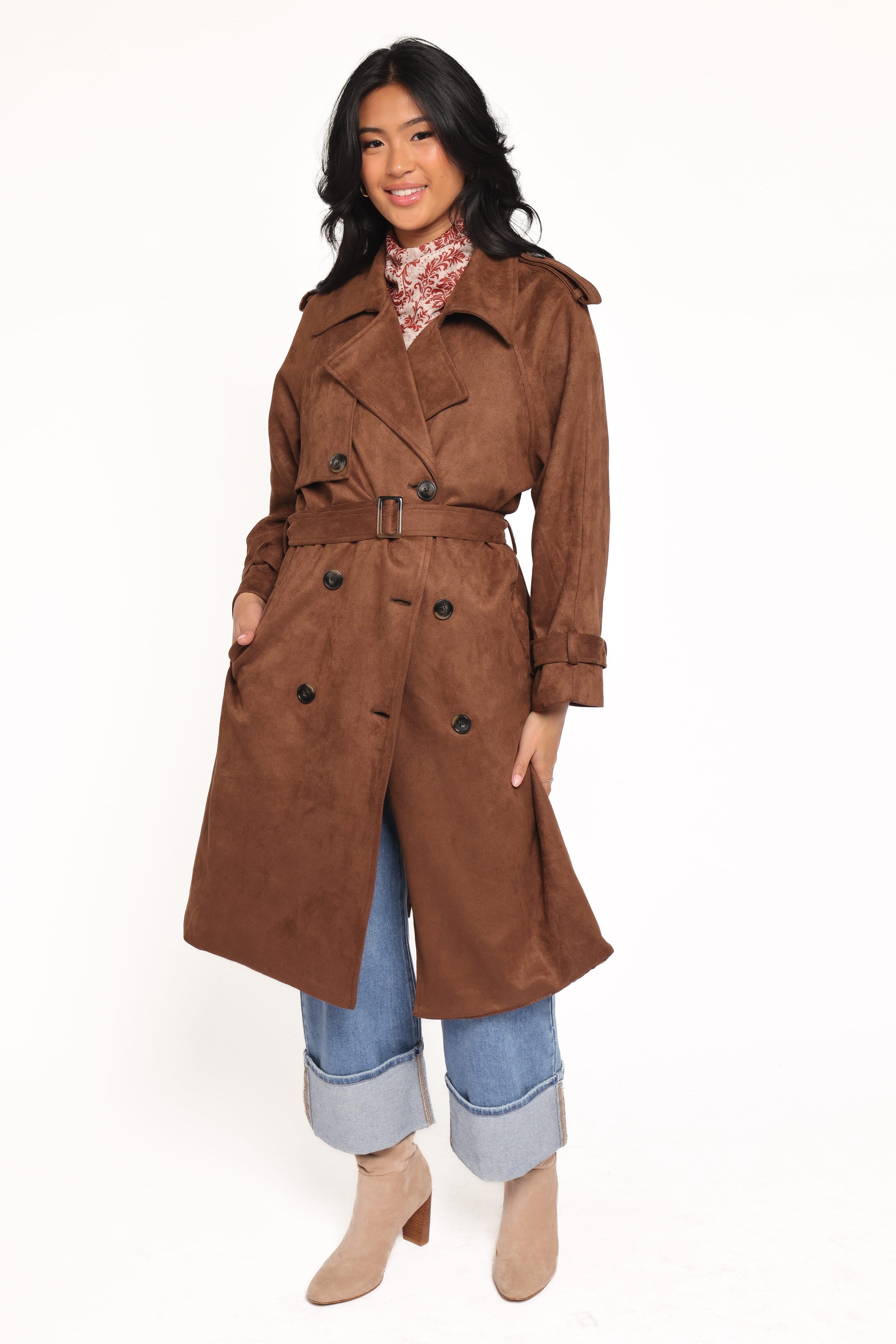 Petal and Pup USA OUTERWEAR Micha Faux Suede Trench Coat - Brown