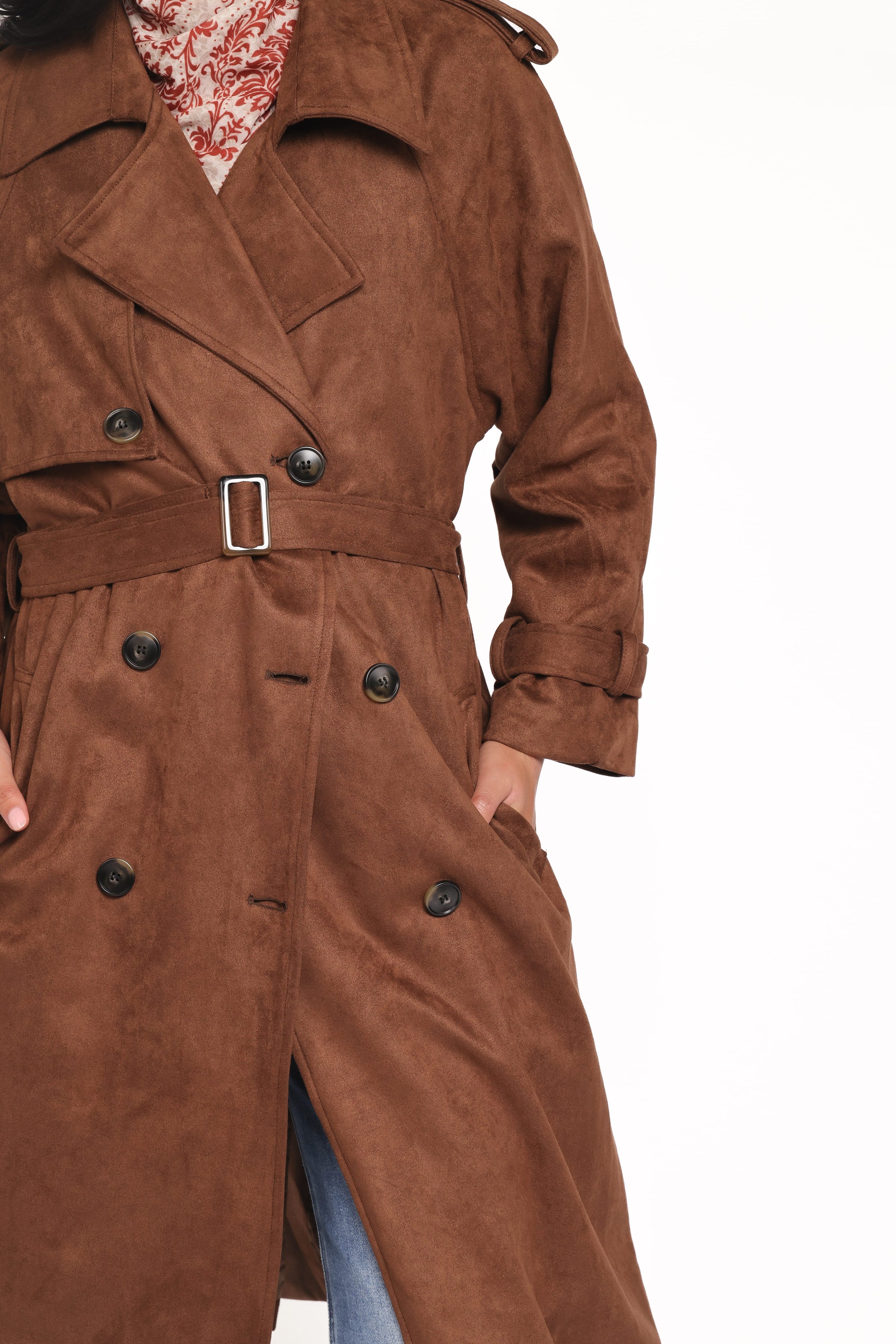 Petal and Pup USA OUTERWEAR Micha Faux Suede Trench Coat - Brown