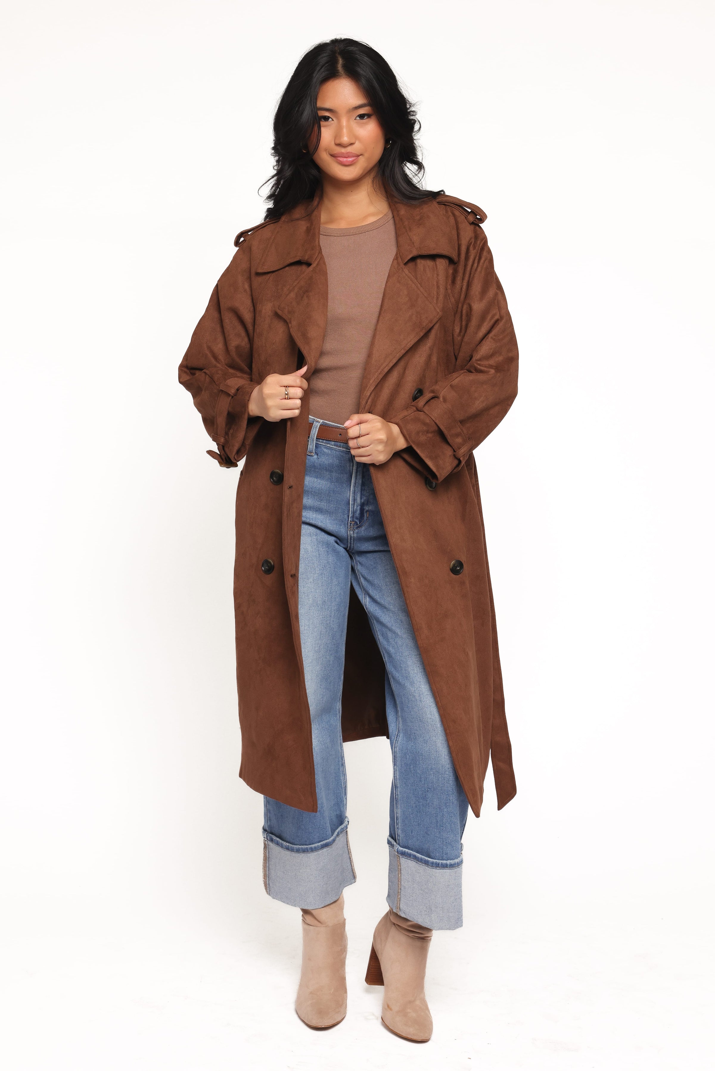 Petal and Pup USA OUTERWEAR Micha Faux Suede Trench Coat - Brown