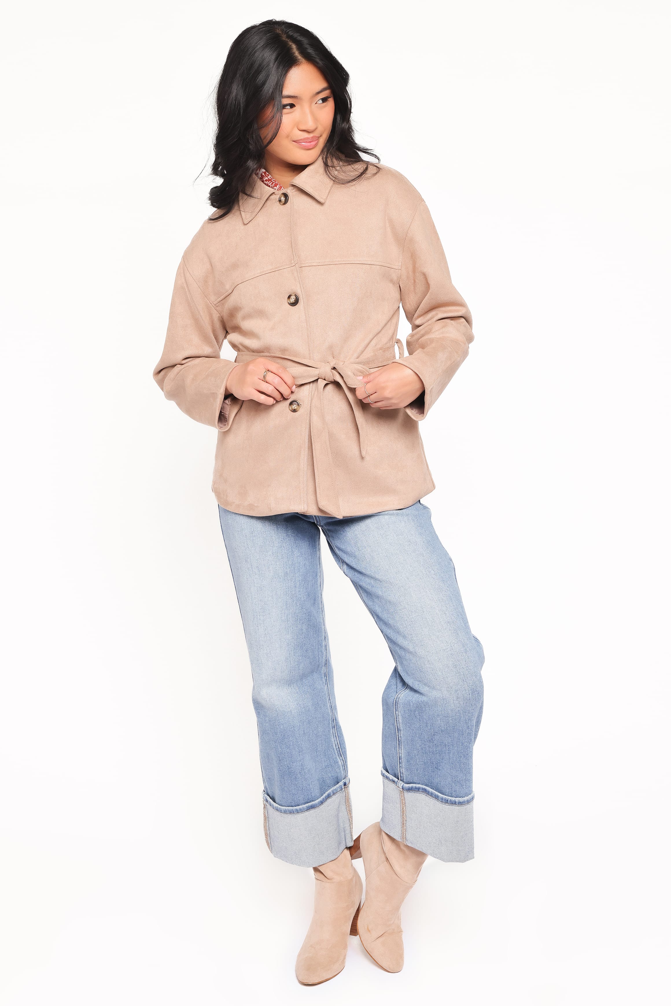 Petal and Pup USA OUTERWEAR Nelly Faux Suede Cropped Trench Coat - Mushroom