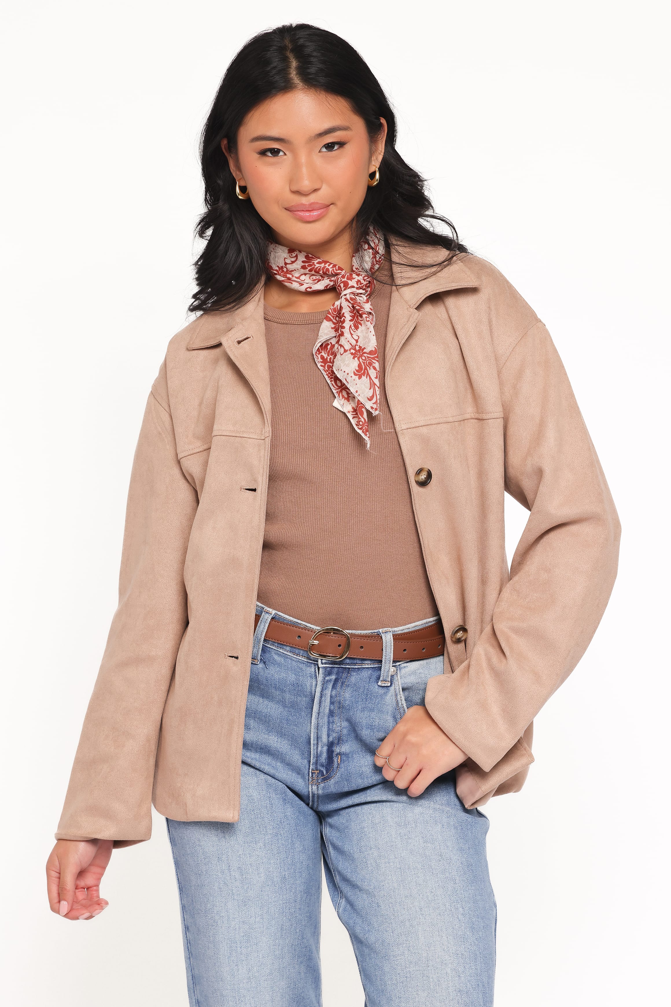 Petal and Pup USA OUTERWEAR Nelly Faux Suede Cropped Trench Coat - Mushroom