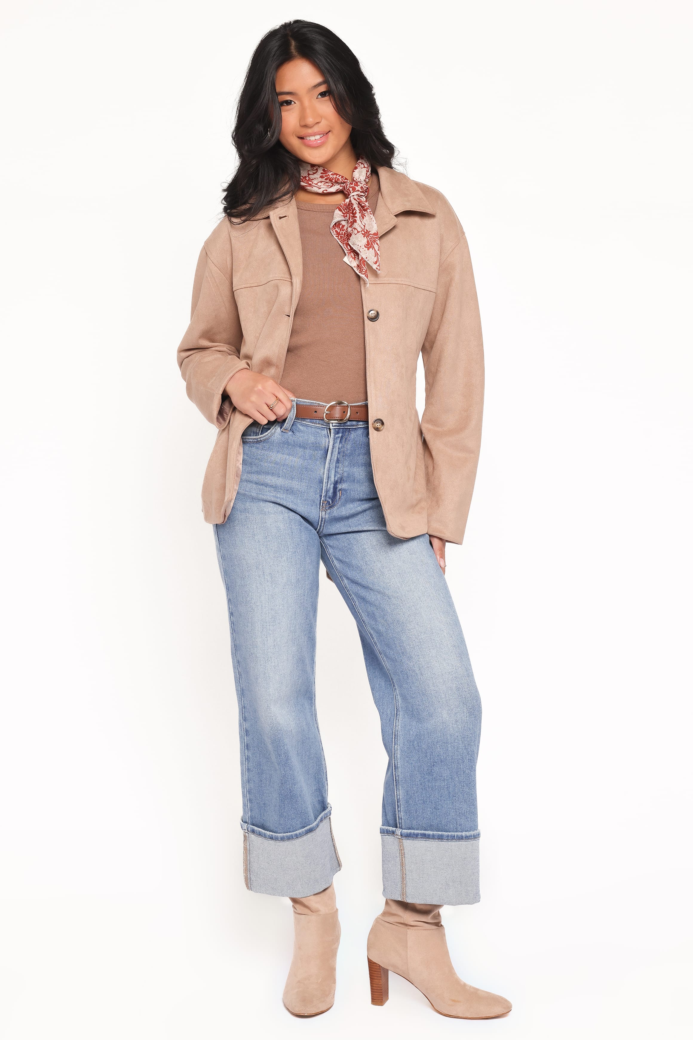 Petal and Pup USA OUTERWEAR Nelly Faux Suede Cropped Trench Coat - Mushroom