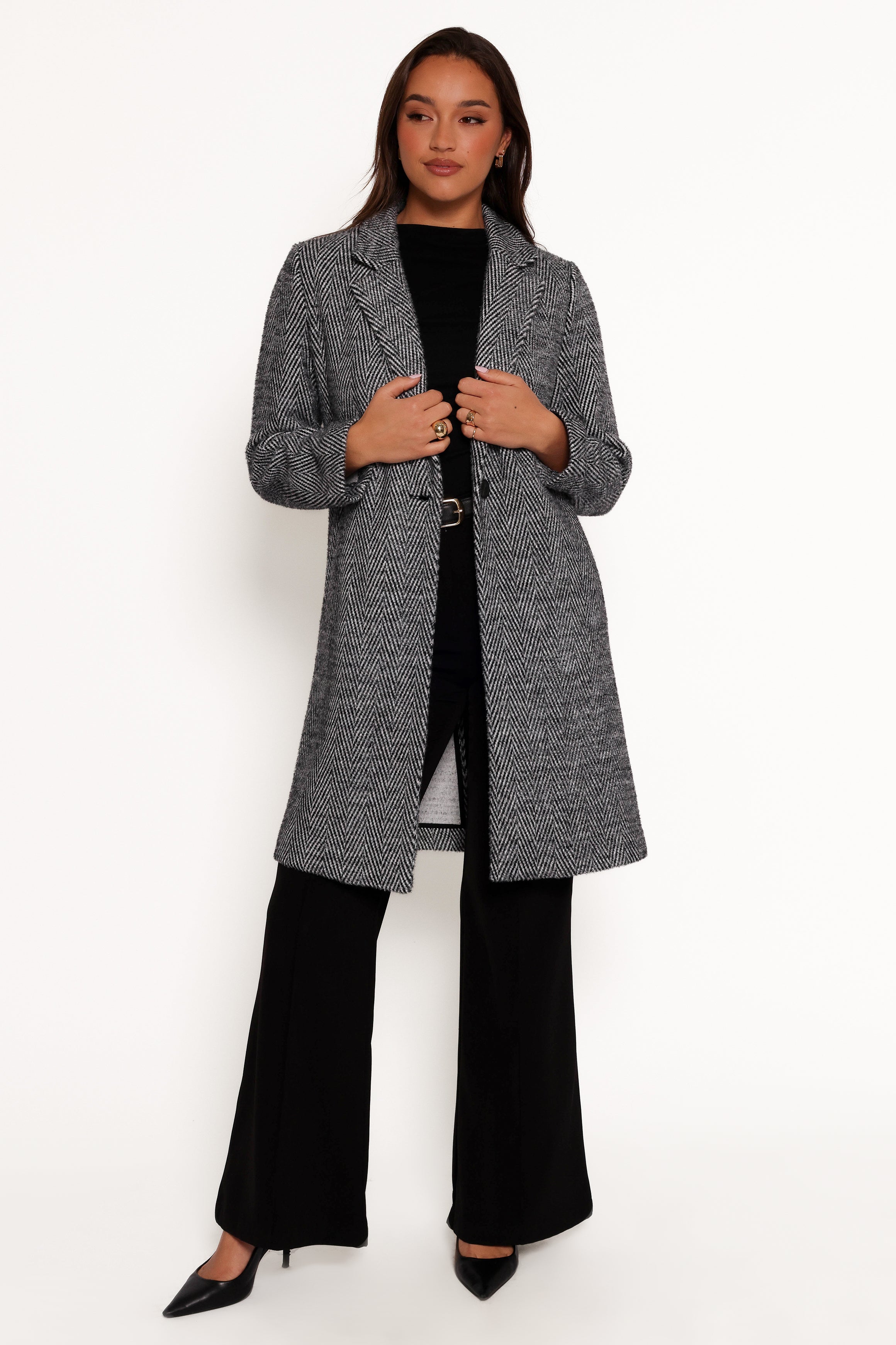 Petal and Pup USA OUTERWEAR Nicoletta Single Button Herringbone Coat - Black