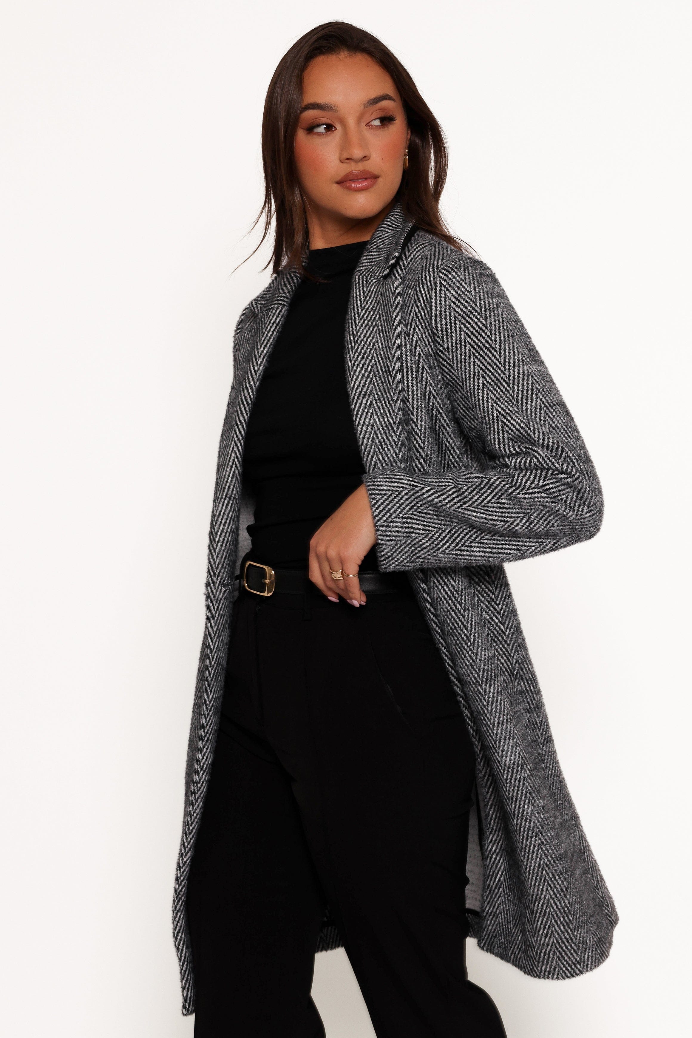 Petal and Pup USA OUTERWEAR Nicoletta Single Button Herringbone Coat - Black