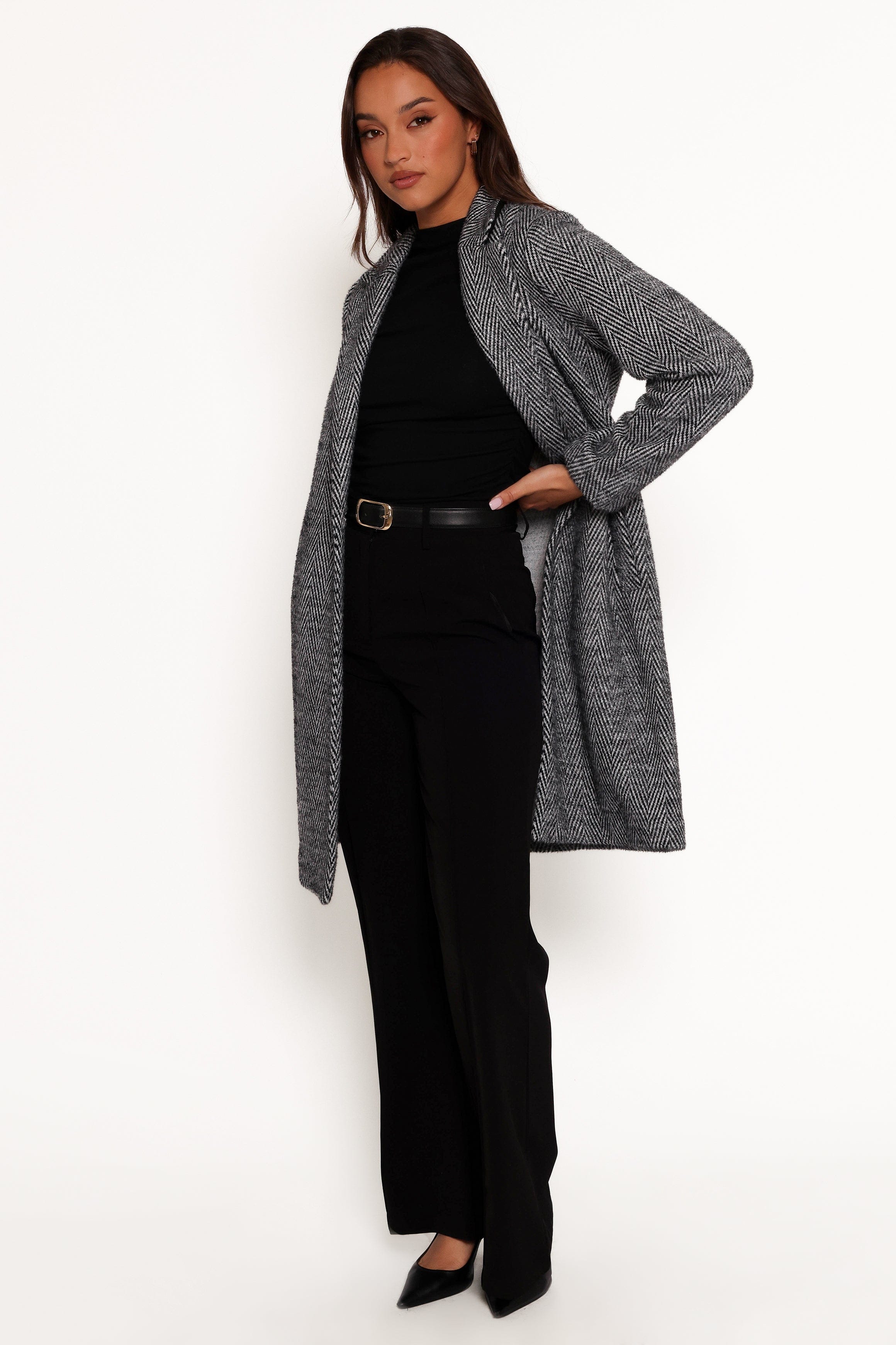 Petal and Pup USA OUTERWEAR Nicoletta Single Button Herringbone Coat - Black