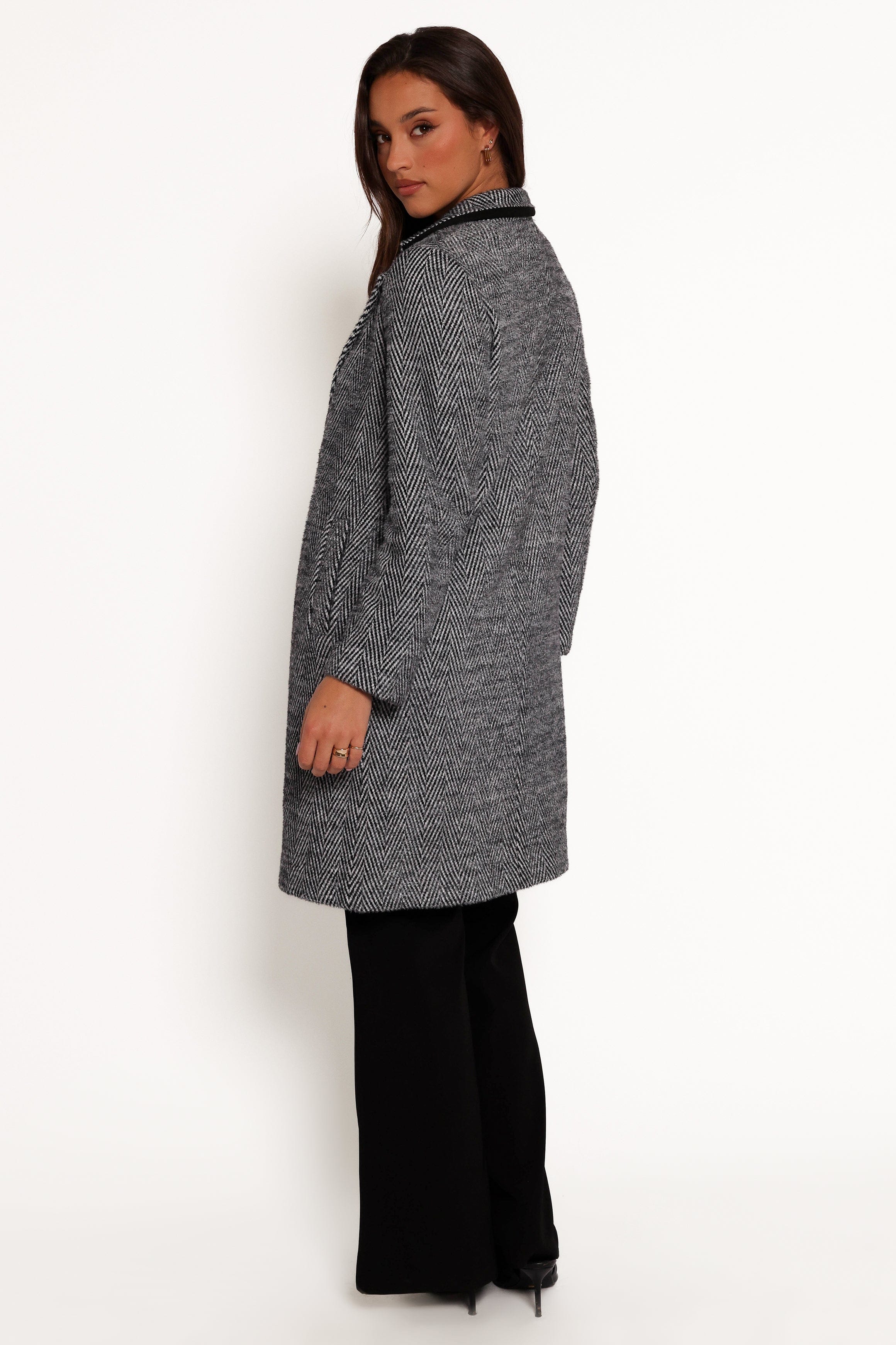 Petal and Pup USA OUTERWEAR Nicoletta Single Button Herringbone Coat - Black