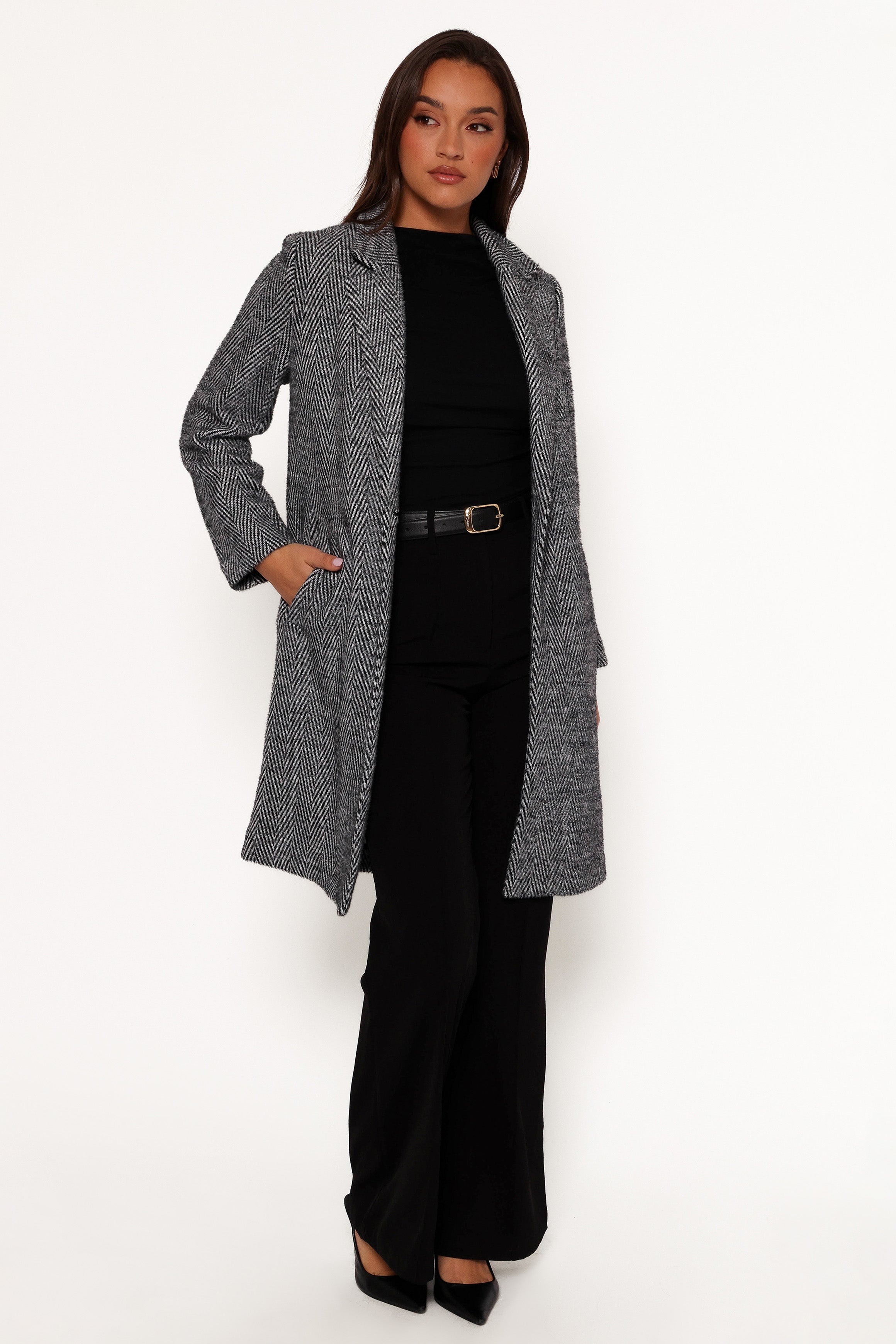 Petal and Pup USA OUTERWEAR Nicoletta Single Button Herringbone Coat - Black