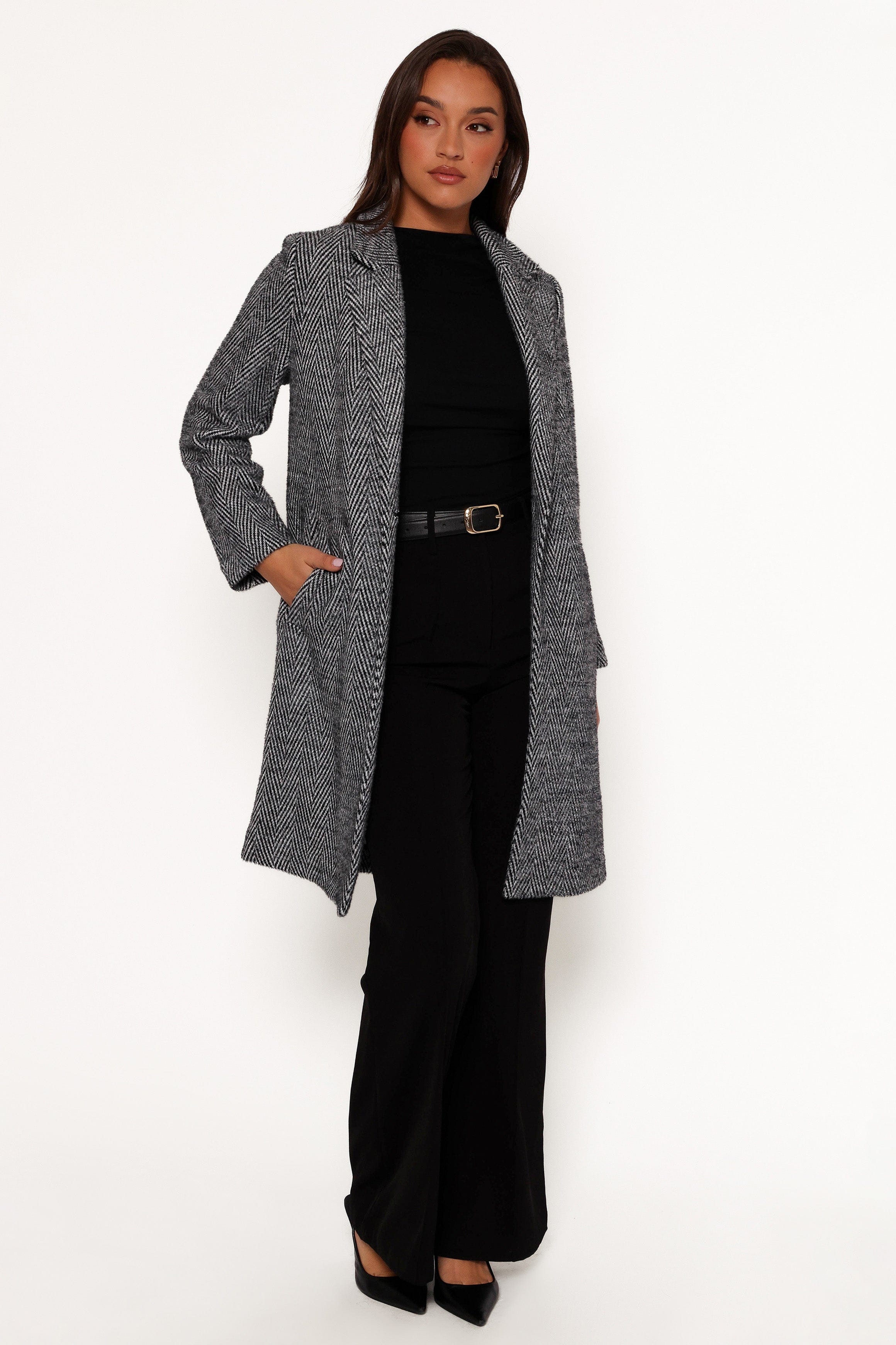 Petal and Pup USA OUTERWEAR Nicoletta Single Button Herringbone Coat - Black