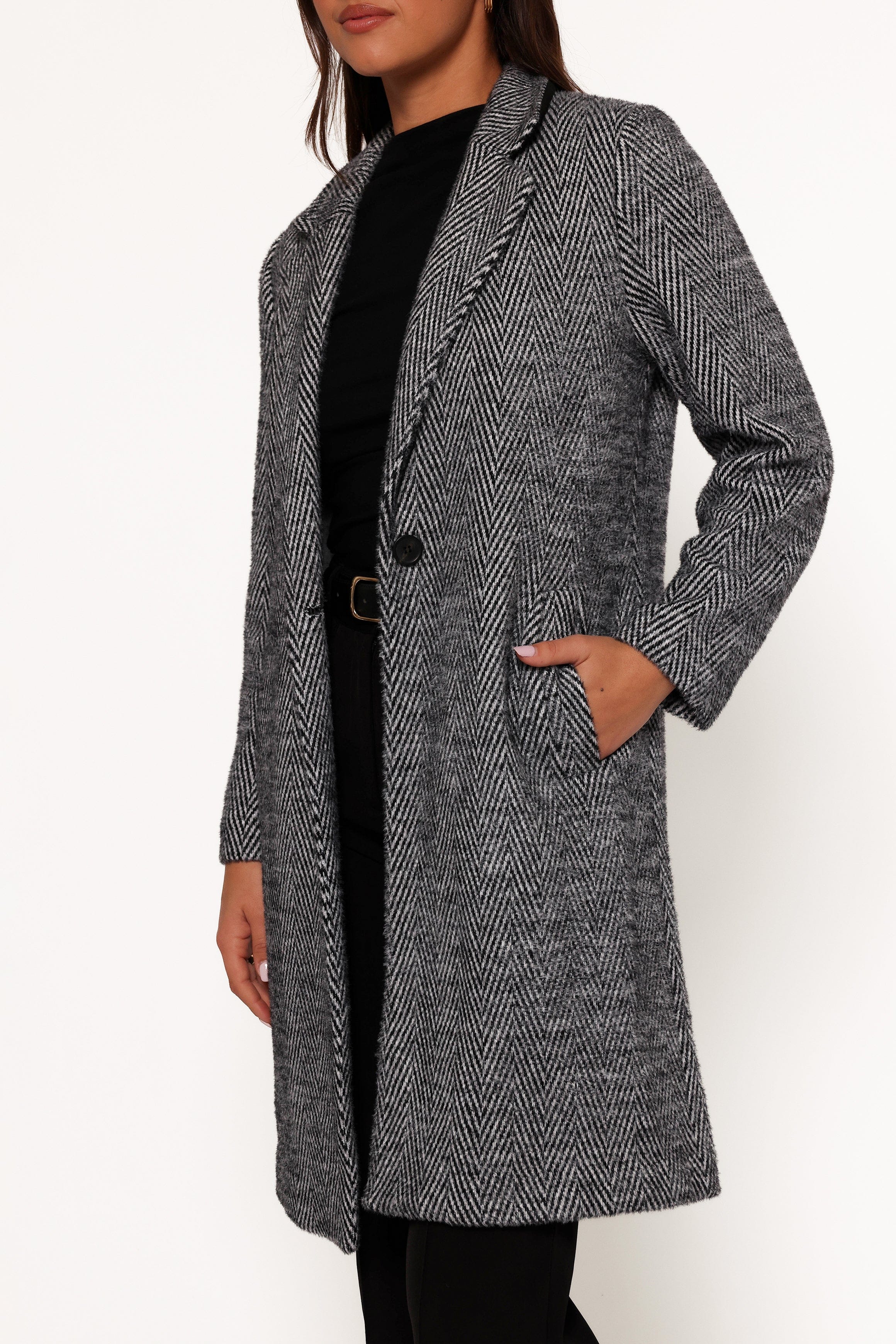 Petal and Pup USA OUTERWEAR Nicoletta Single Button Herringbone Coat - Black