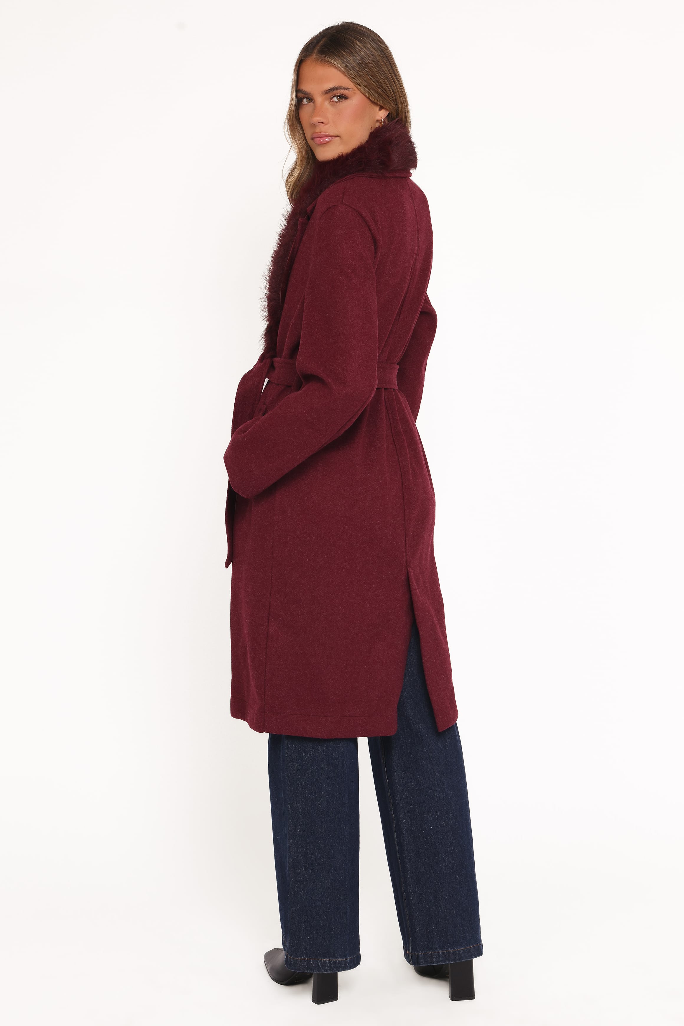 Petal and Pup USA OUTERWEAR Nina Fur Collar Tie Waist Coat - Burgundy