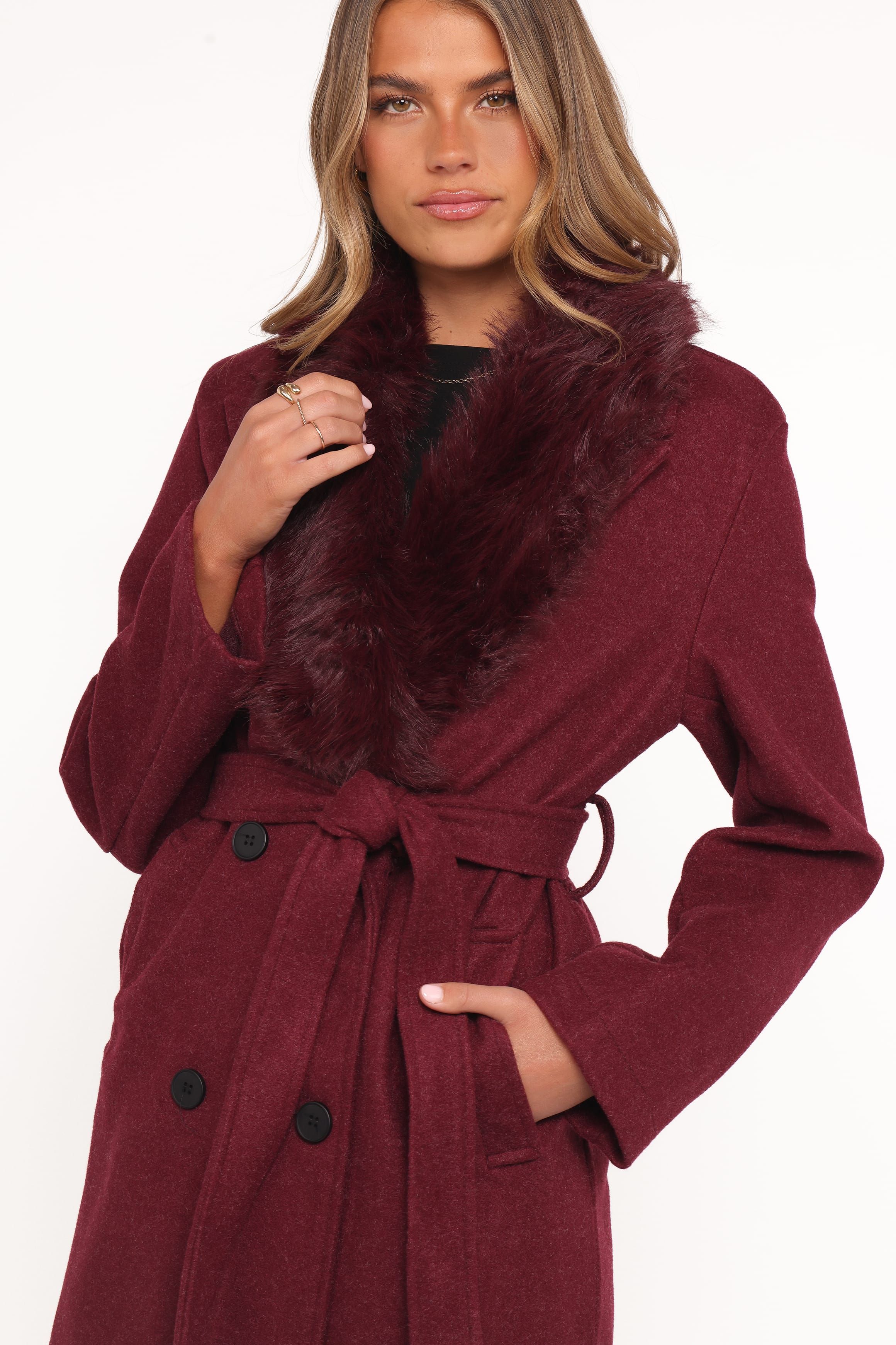 Petal and Pup USA OUTERWEAR Nina Fur Collar Tie Waist Coat - Burgundy