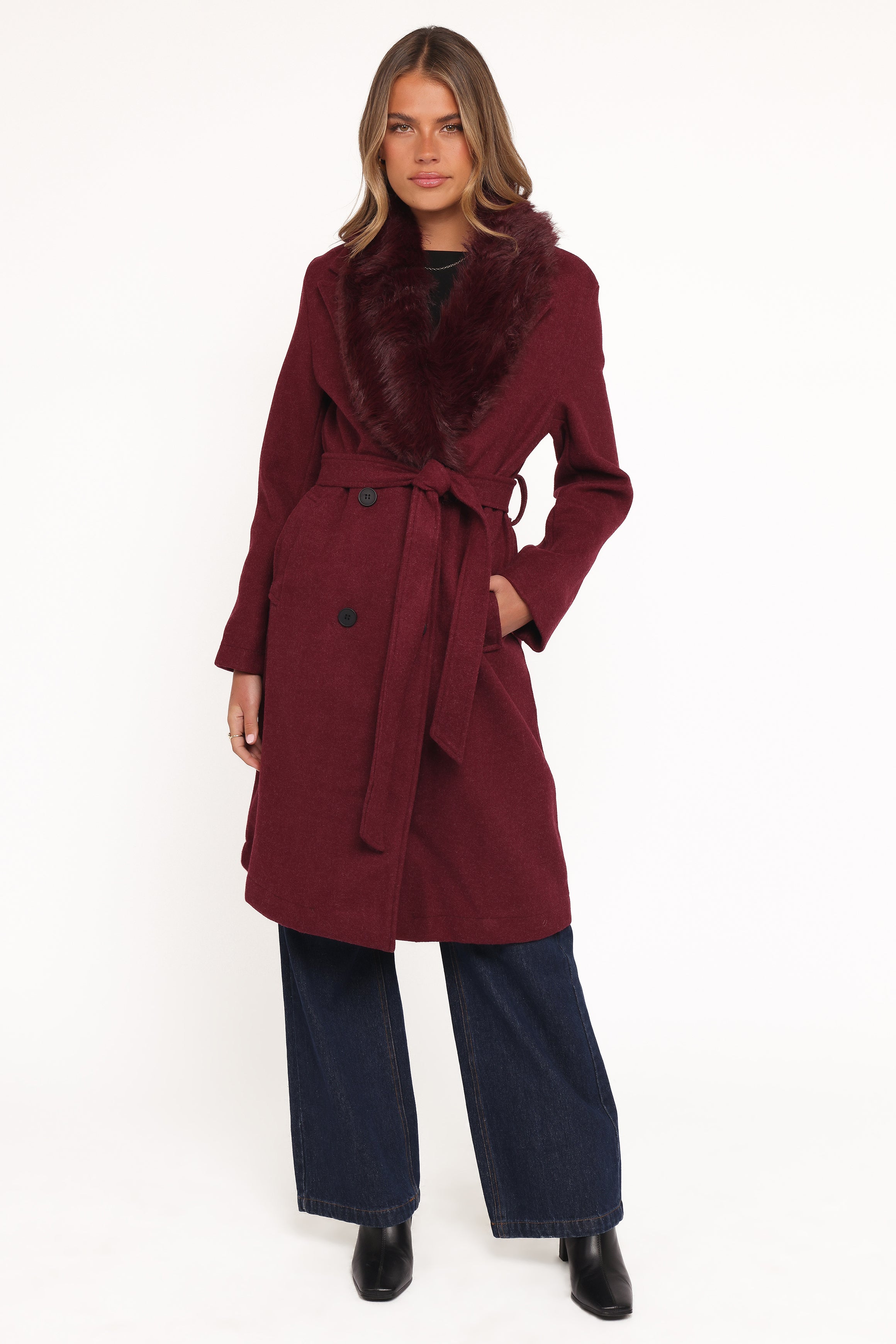Petal and Pup USA OUTERWEAR Nina Fur Collar Tie Waist Coat - Burgundy
