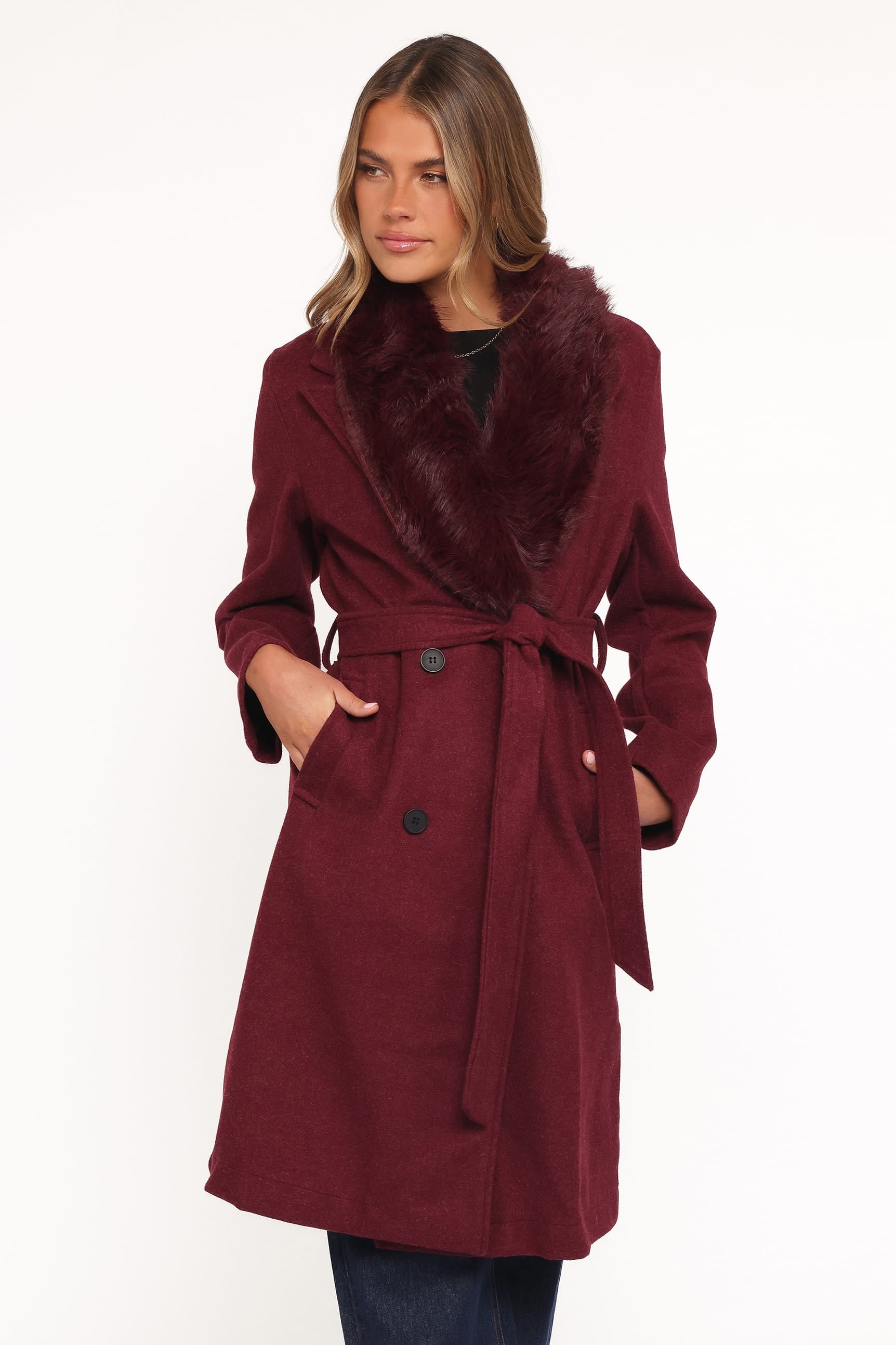 Petal and Pup USA OUTERWEAR Nina Fur Collar Tie Waist Coat - Burgundy