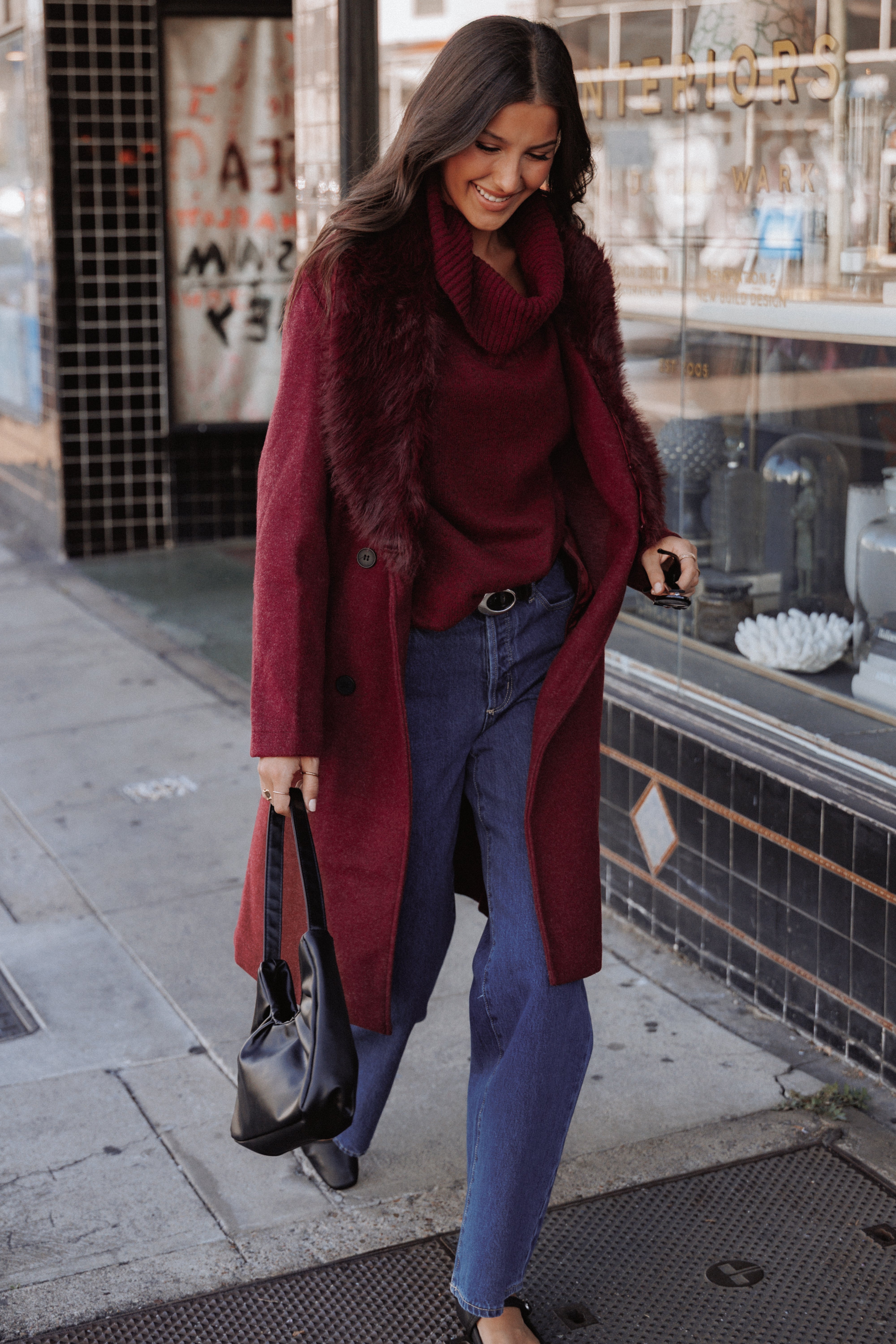 Petal and Pup USA OUTERWEAR Nina Fur Collar Tie Waist Coat - Burgundy