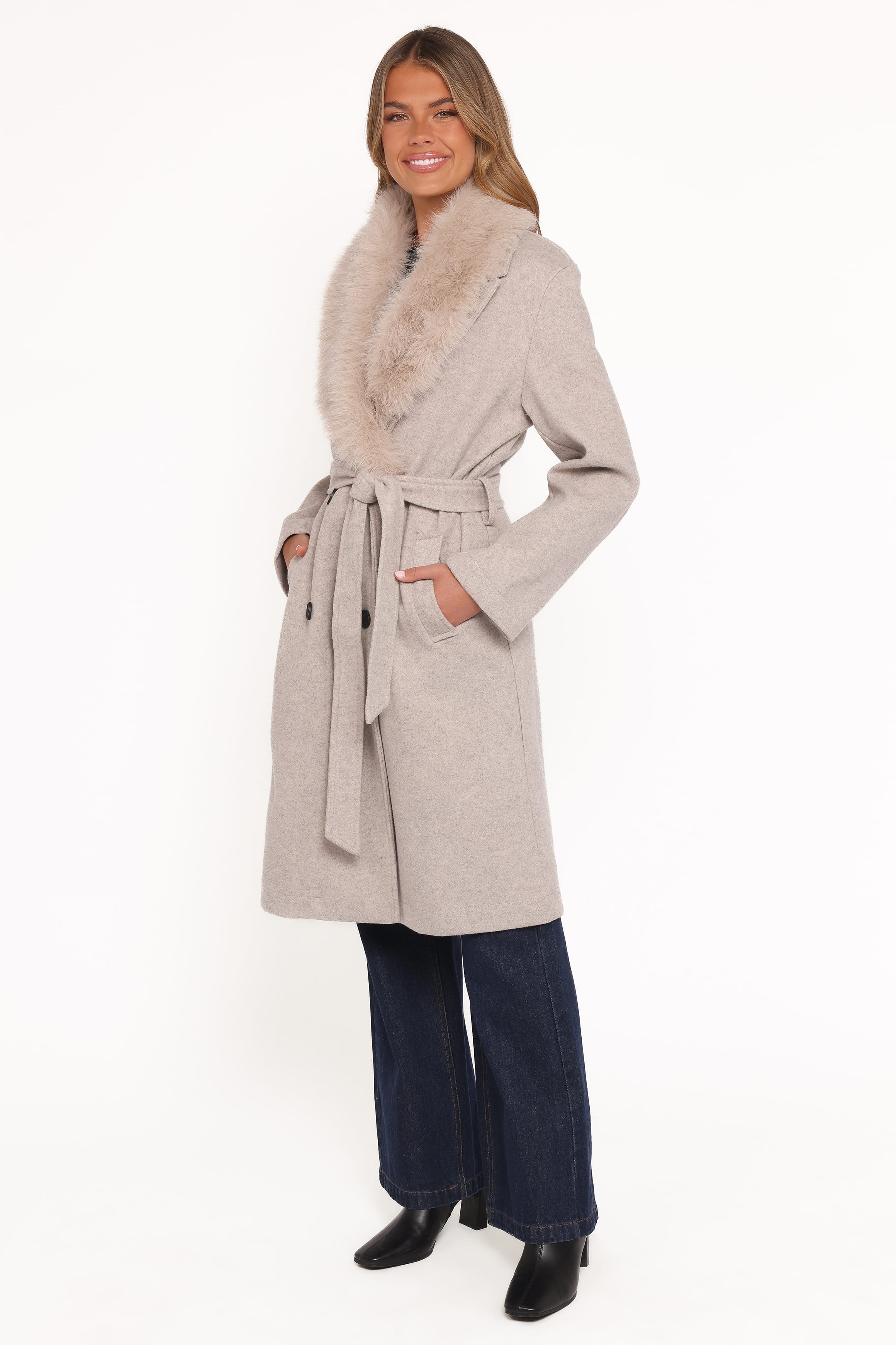 Petal and Pup USA OUTERWEAR Nina Fur Collar Tie Waist Coat - Cream