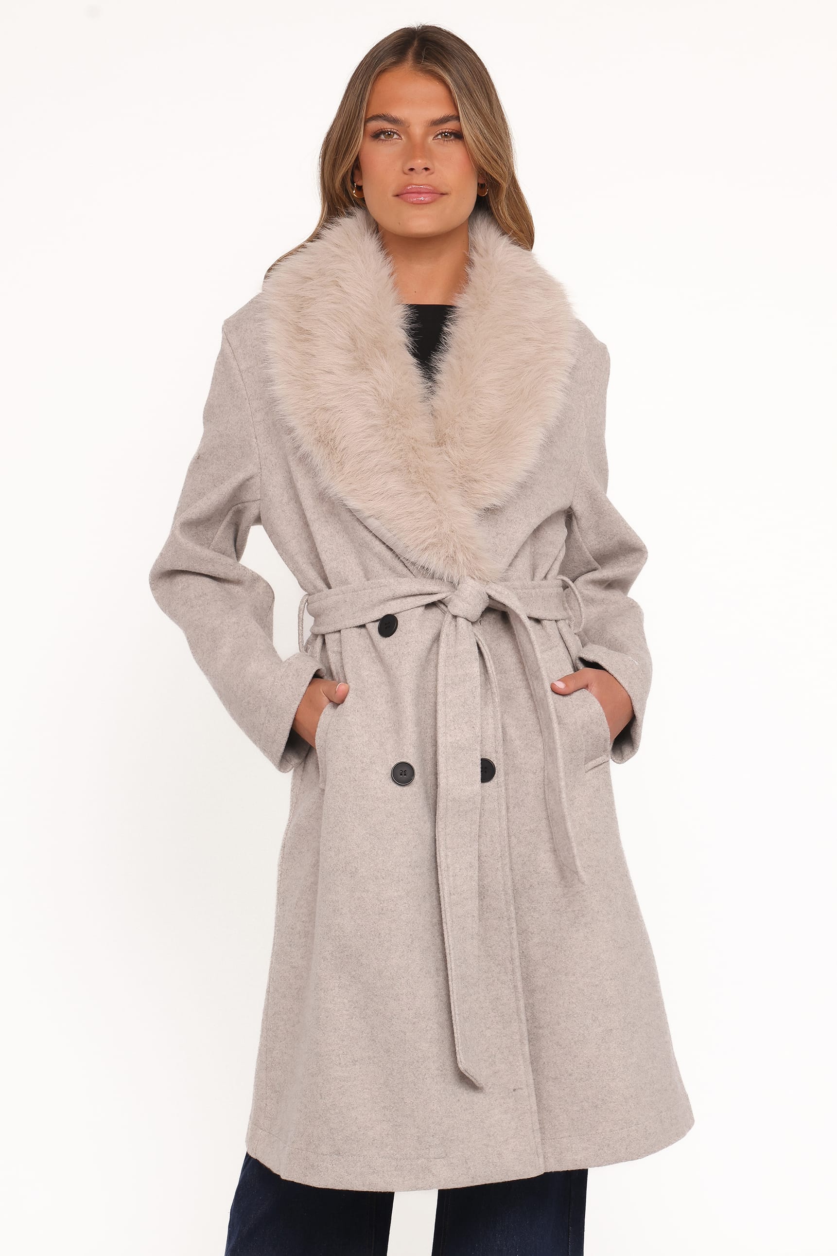 Petal and Pup USA OUTERWEAR Nina Fur Collar Tie Waist Coat - Cream