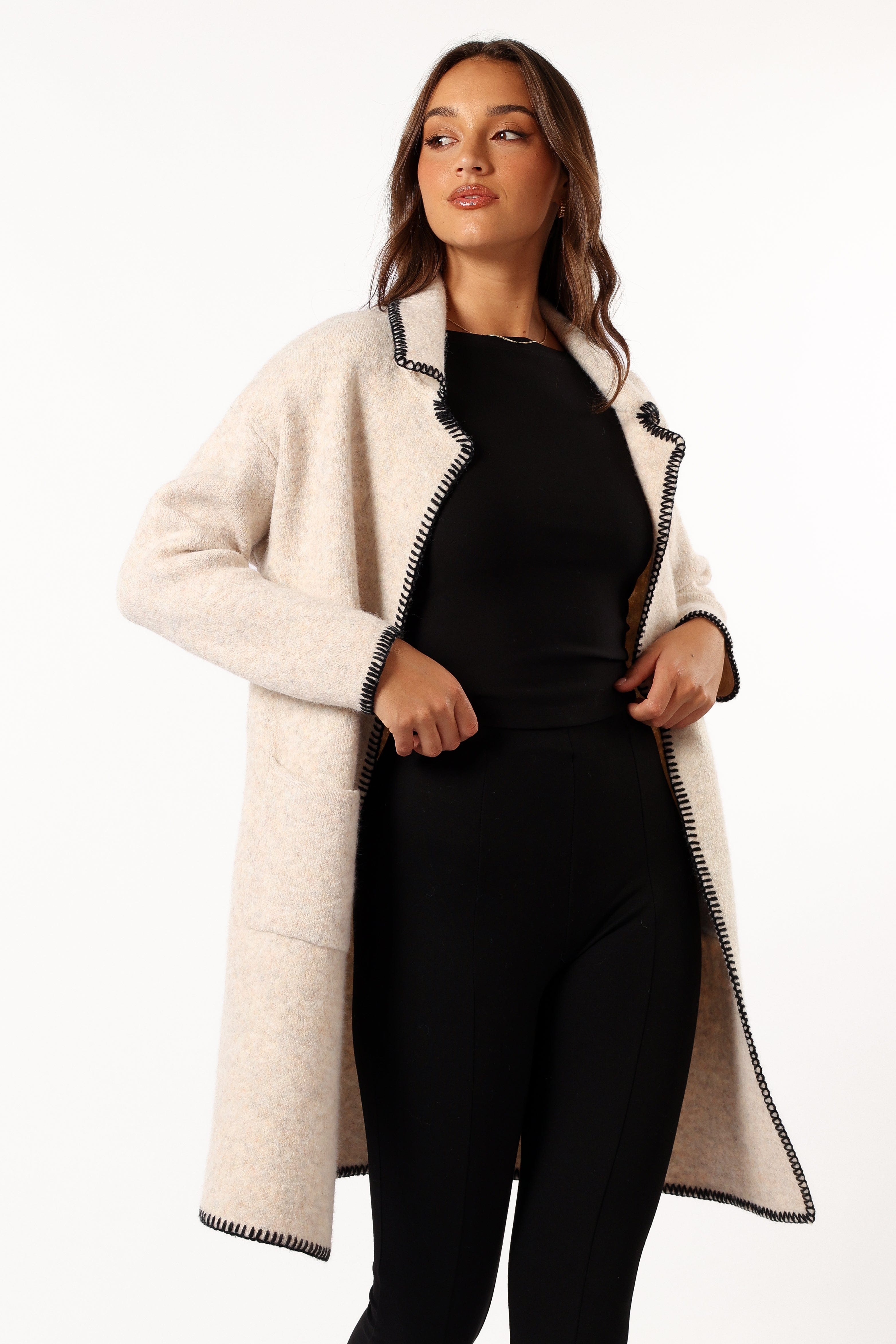 Petal and Pup USA OUTERWEAR Oaklynn Contrast Stitch Coatigan - Oat