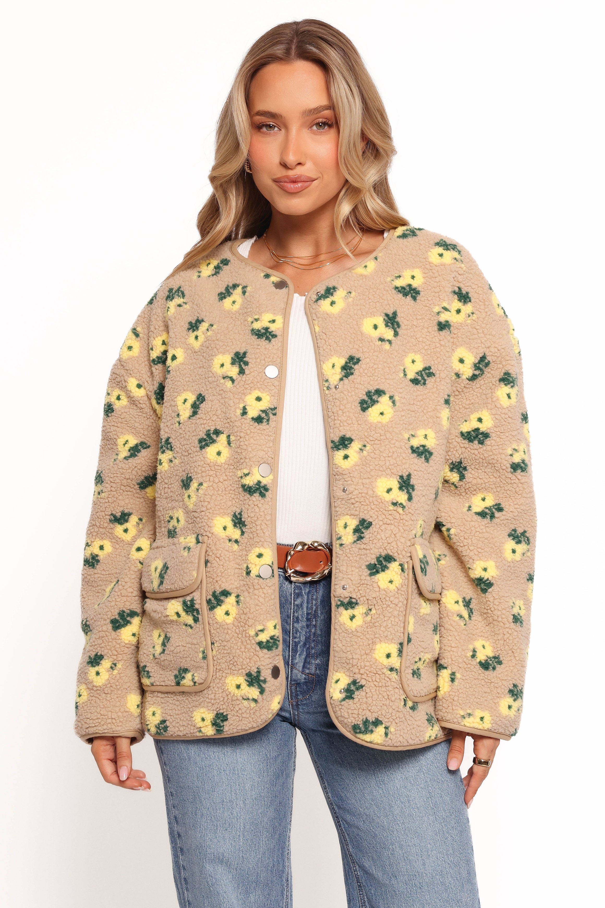 Petal and Pup USA OUTERWEAR Roux Flower Print Shearling Jacket - Taupe