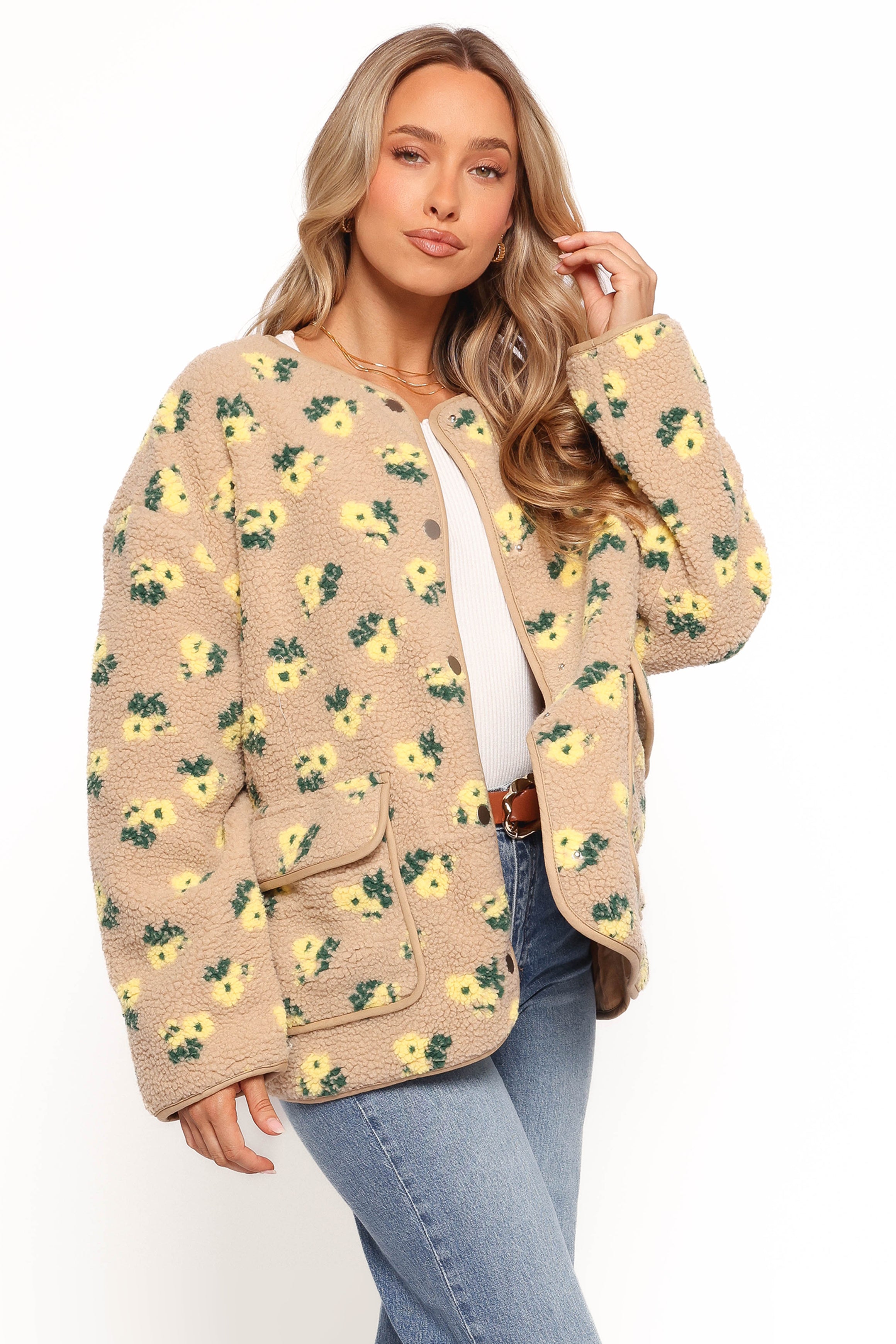 Petal and Pup USA OUTERWEAR Roux Flower Print Shearling Jacket - Taupe