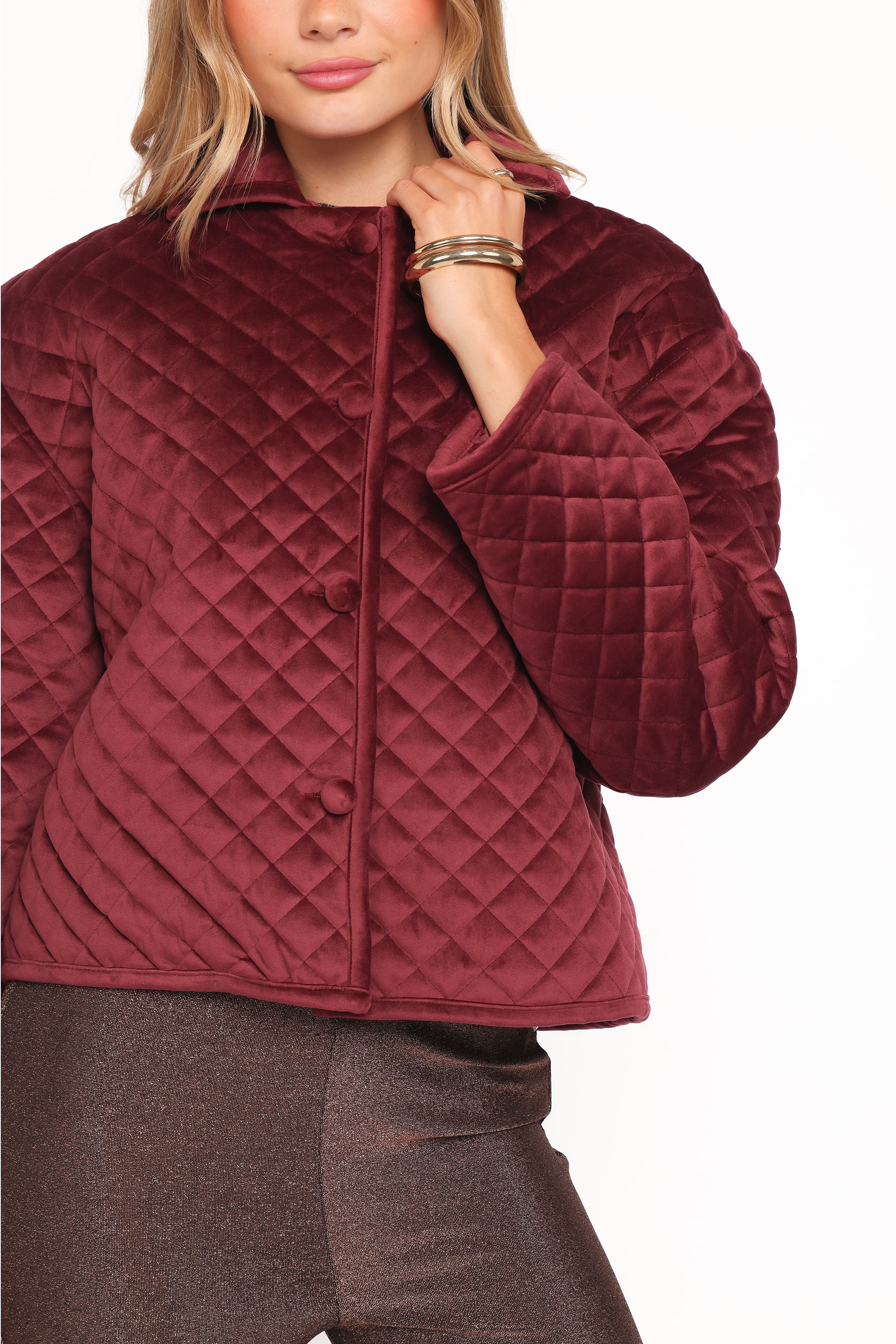 Petal and Pup USA OUTERWEAR Roxanna Quilted Velvet Jacket - Wine