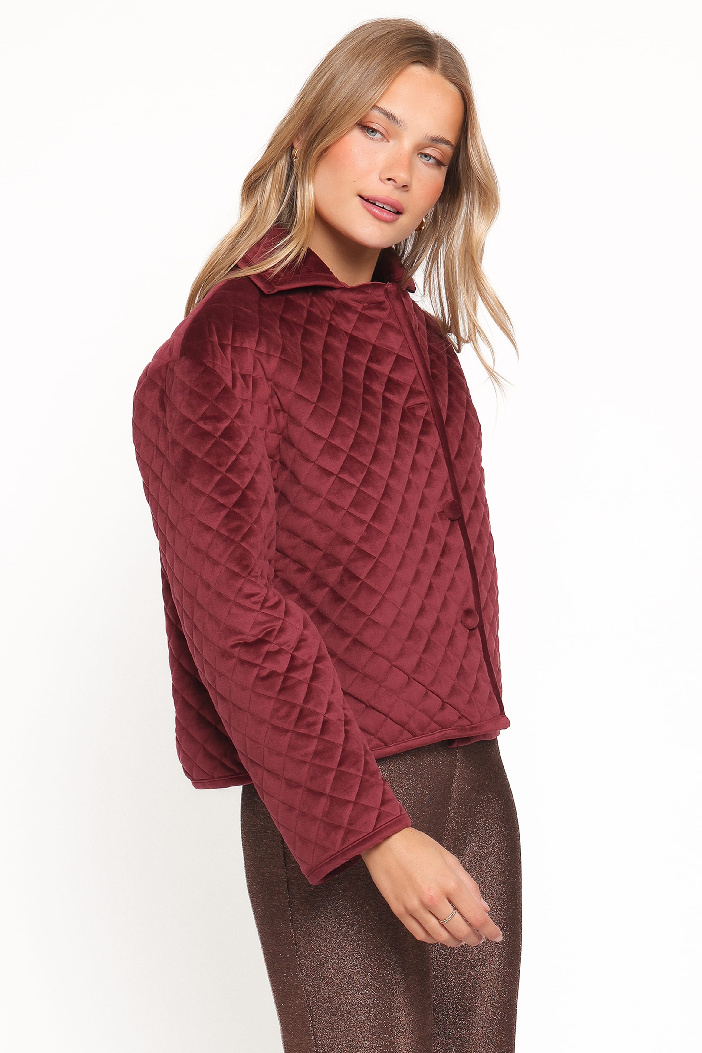 Petal and Pup USA OUTERWEAR Roxanna Quilted Velvet Jacket - Wine