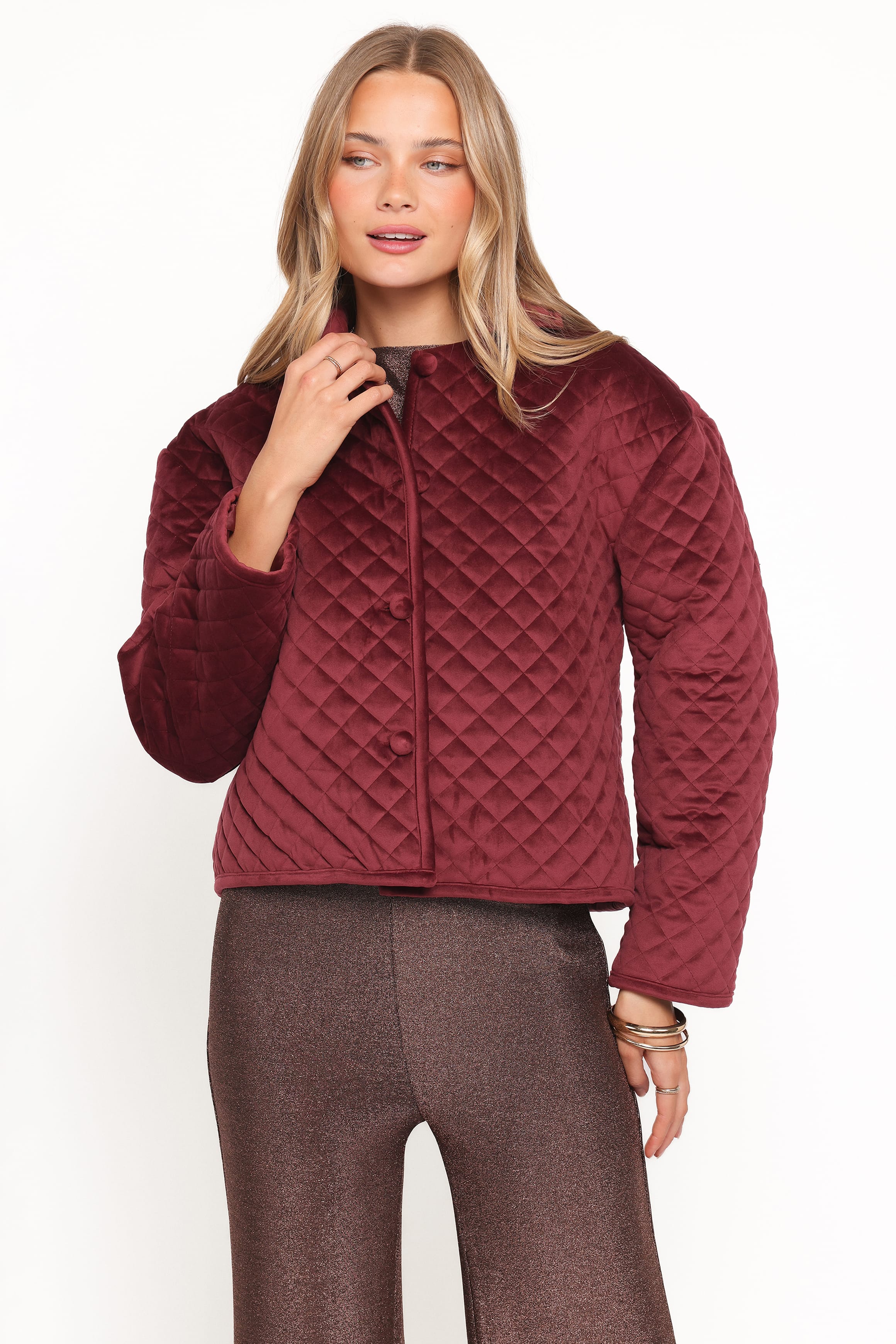 Petal and Pup USA OUTERWEAR Roxanna Quilted Velvet Jacket - Wine
